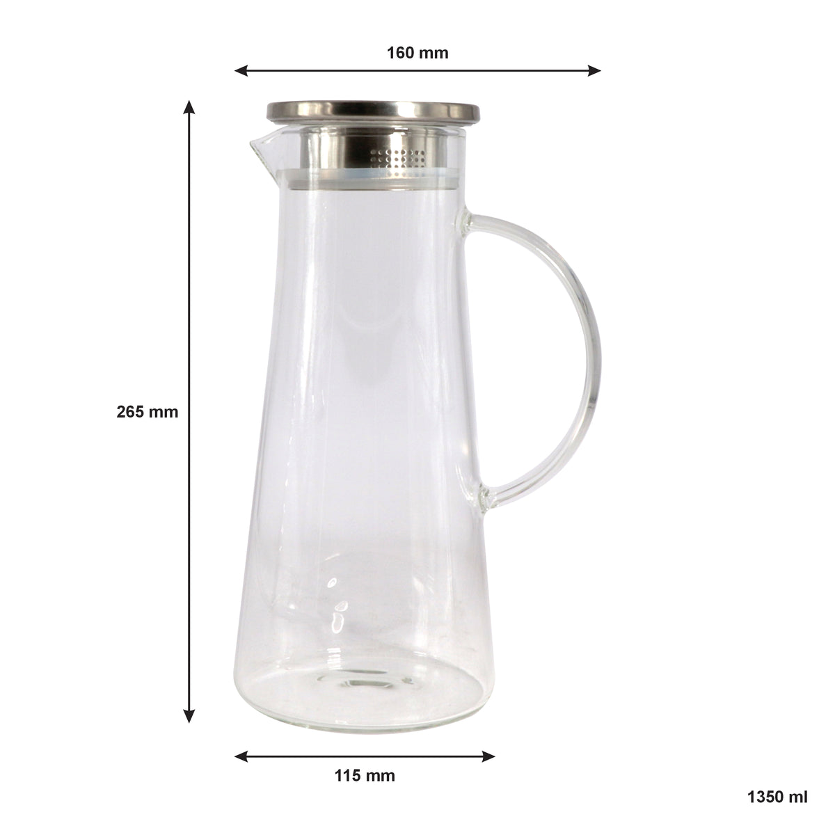 REGENT BOROSILICATE GLASS WATER JUG WITH HANDLE AND ST STEEL LID, 1.35L