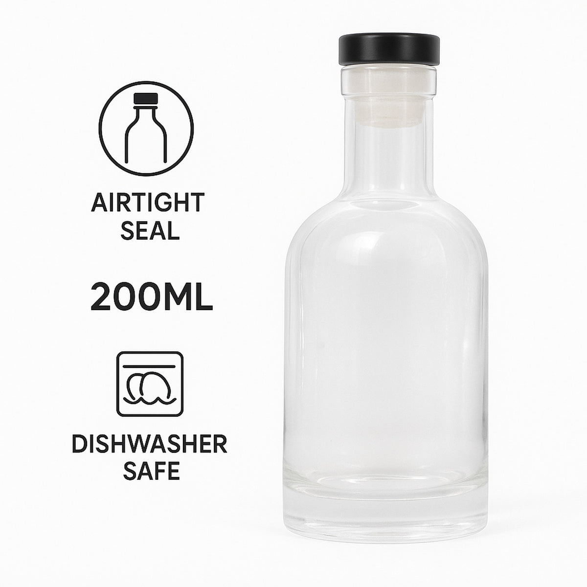 REGENT GLASS GIN BOTTLE WITH BLACK STOPPER, 200ML