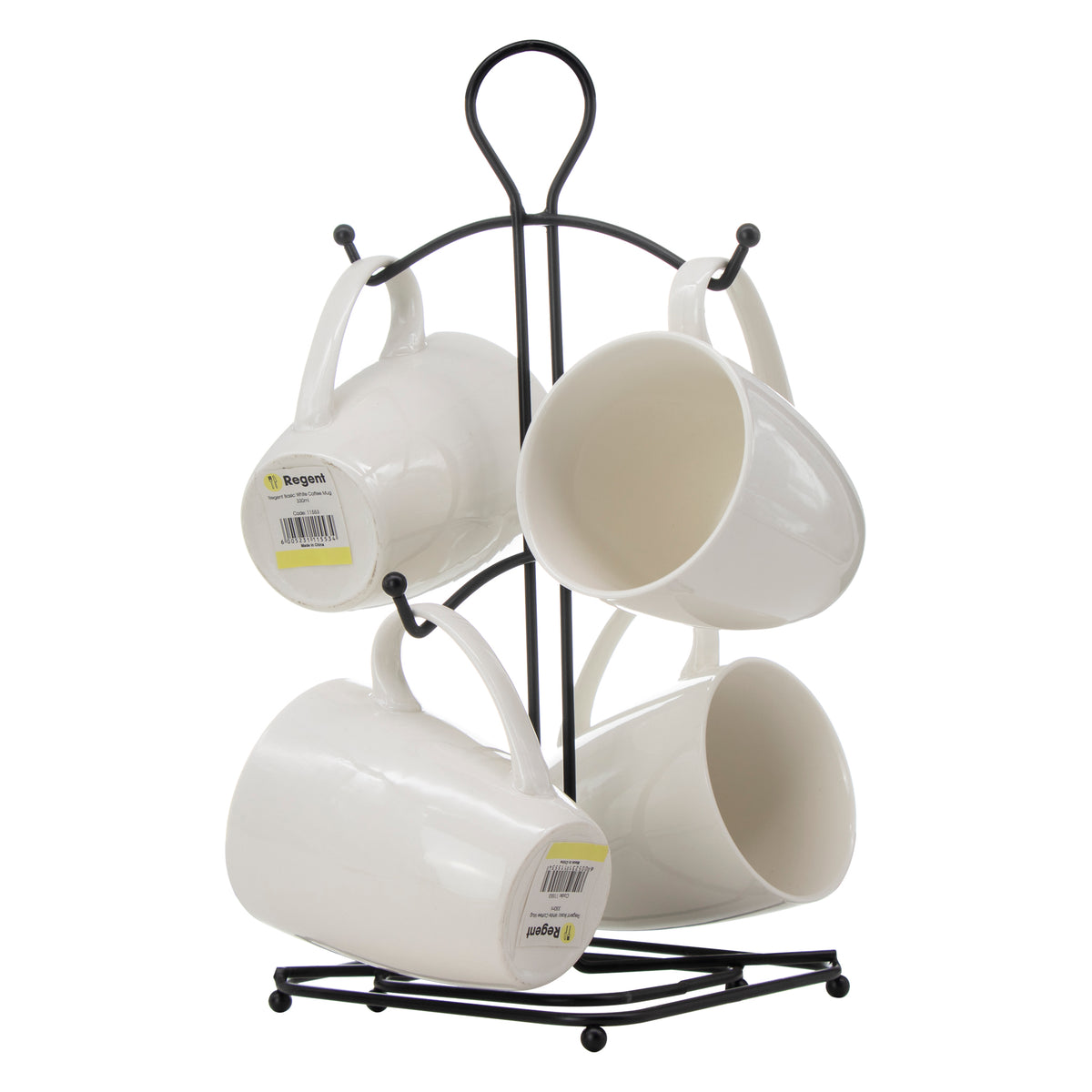REGENT WHITE COFFEE MUGS 4PCS ON A BLACK POWDER COATED TREE STAND, 330ML