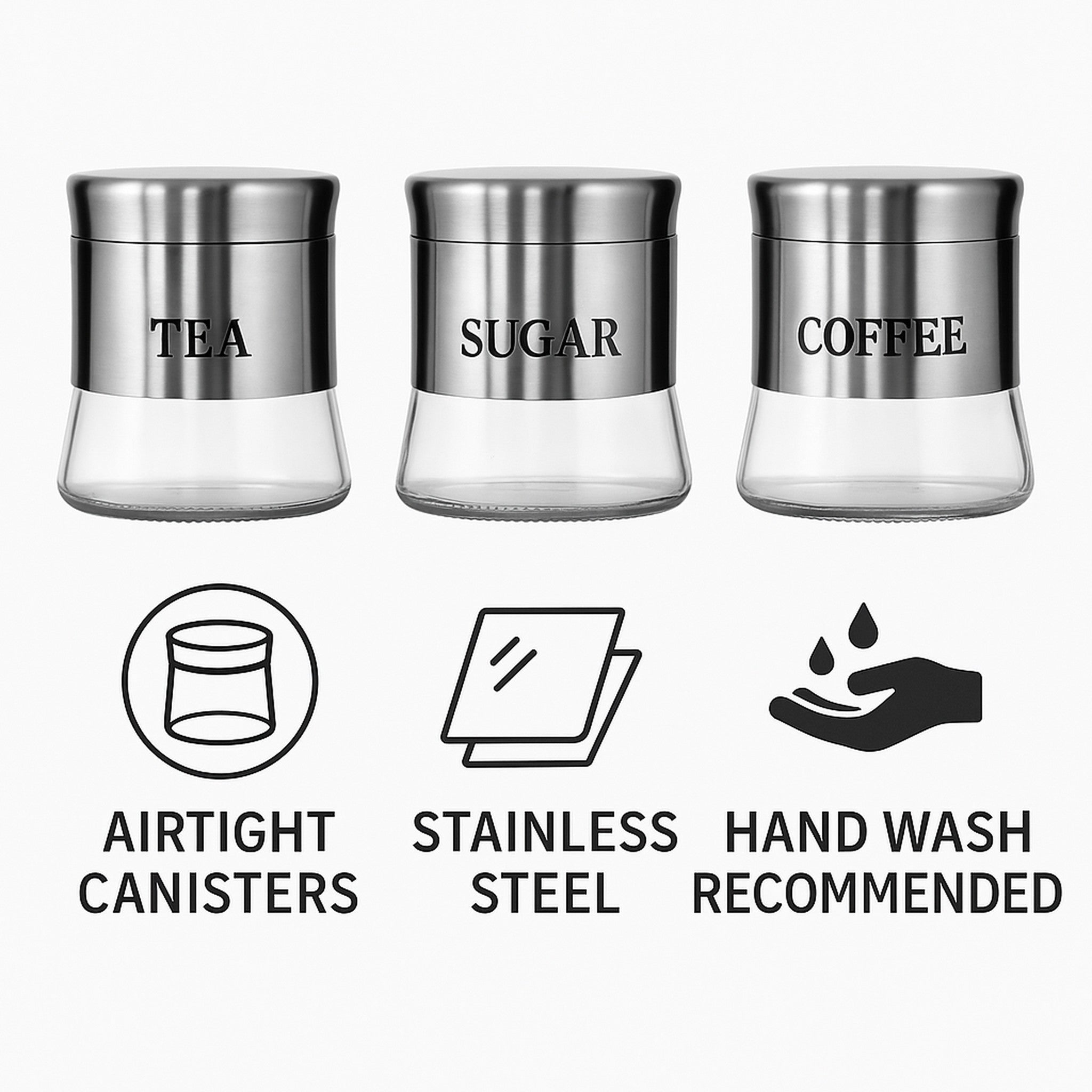 REGENT ROUND GLASS CANISTERS (T, C, S) WITH ST.STEEL COVERS 3PCS SET, 800ML