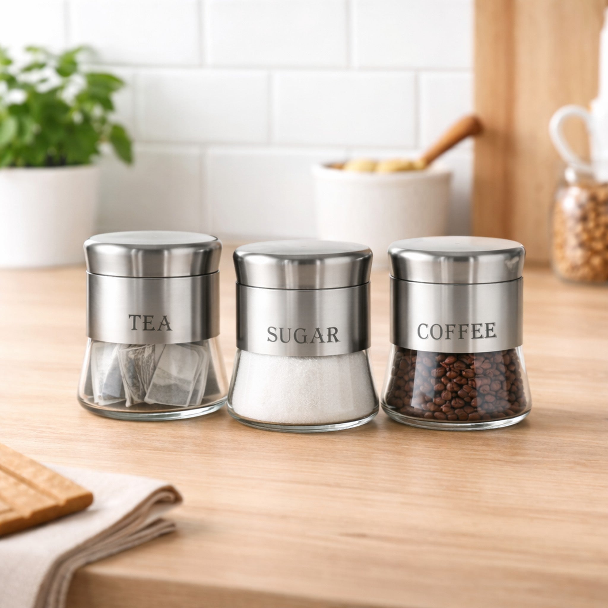 REGENT ROUND GLASS CANISTERS (T, C, S) WITH ST.STEEL COVERS 3PCS SET, 800ML
