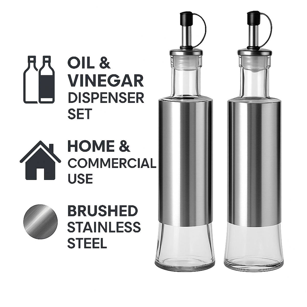 REGENT GLASS OIL & VINEGAR BOTTLES WITH ST STEEL COVERS 2PCS SET, 300ML