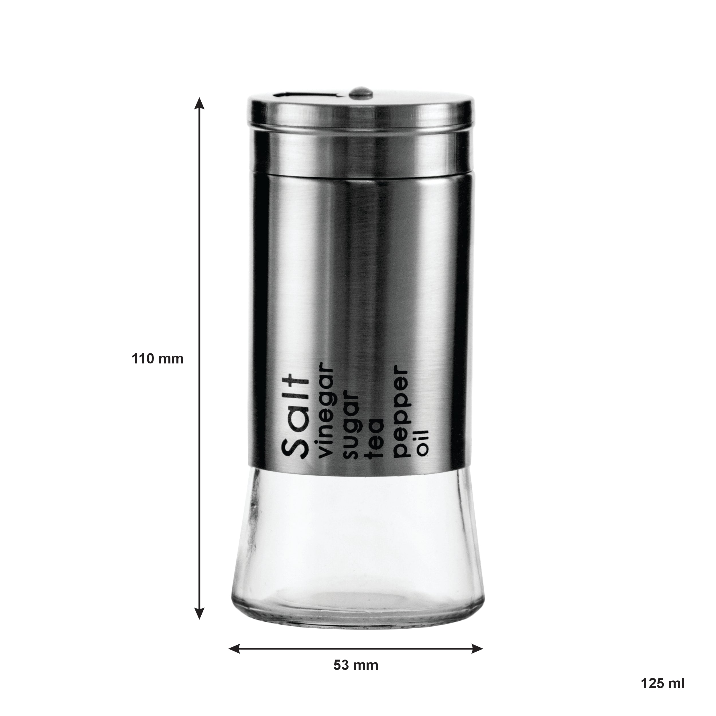 REGENT GLASS SALT & PEPPER SHAKERS WITH ST.STEEL COVERS 2PCS SET, 125ML