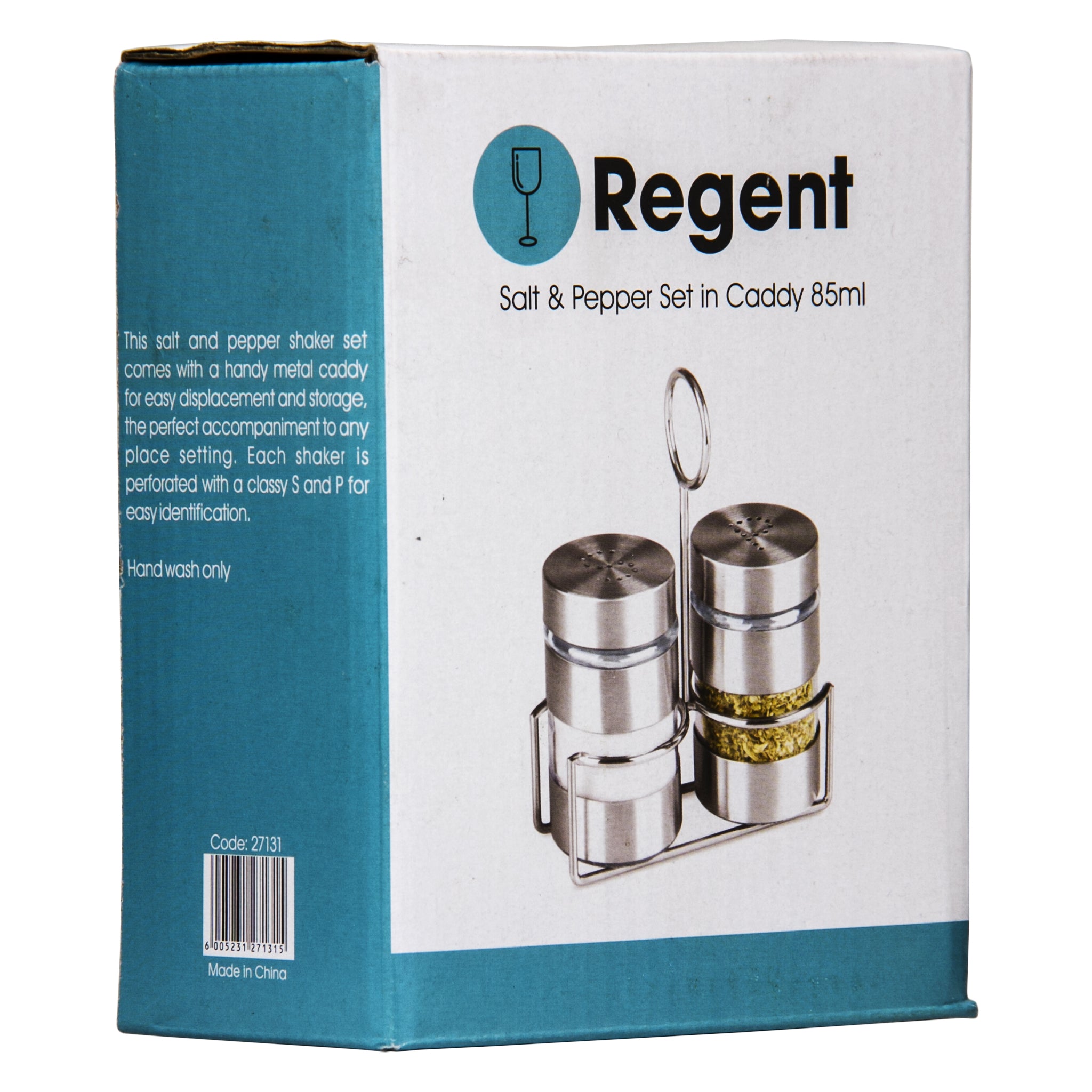 REGENT GLASS SALT & PEPPER SHAKERS WITH ST STEEL COVERS AND STAND 3 PCS SET, 85ML