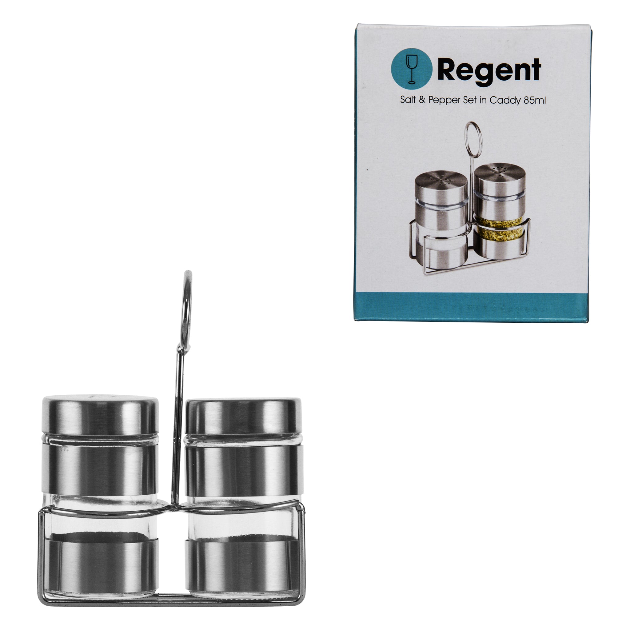 REGENT GLASS SALT & PEPPER SHAKERS WITH ST STEEL COVERS AND STAND 3 PCS SET, 85ML