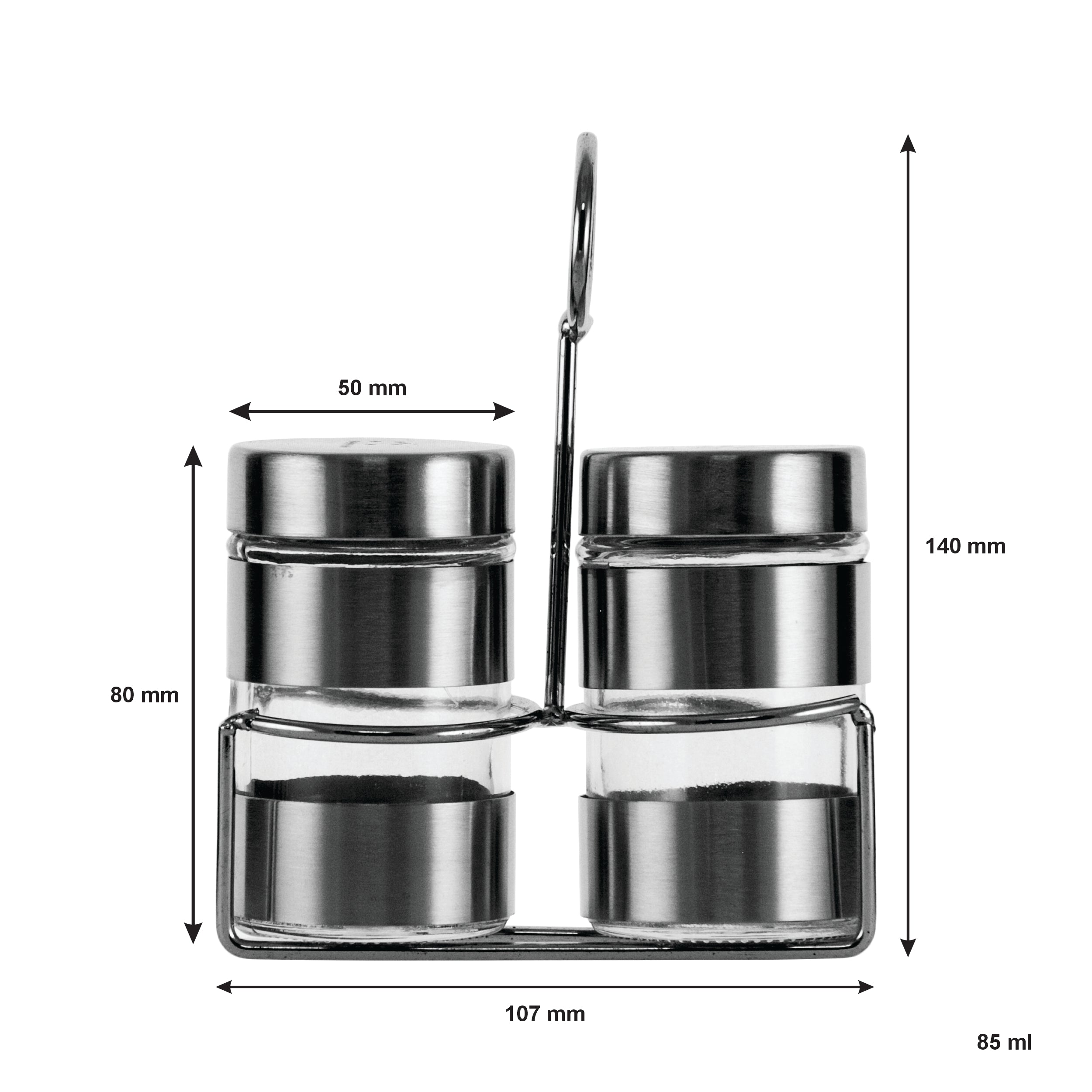 REGENT GLASS SALT & PEPPER SHAKERS WITH ST STEEL COVERS AND STAND 3 PCS SET, 85ML