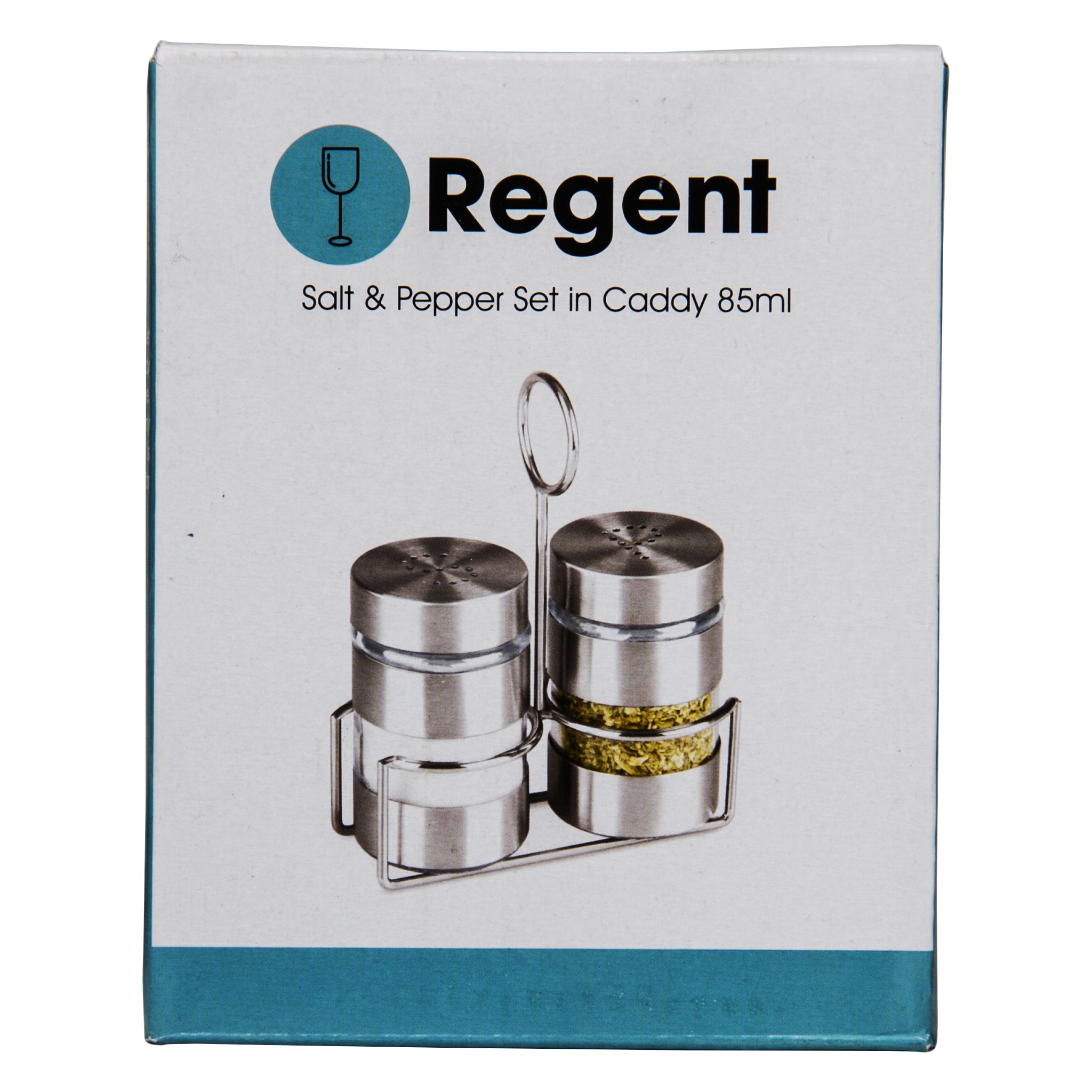 REGENT GLASS SALT & PEPPER SHAKERS WITH ST STEEL COVERS AND STAND 3 PCS SET, 85ML