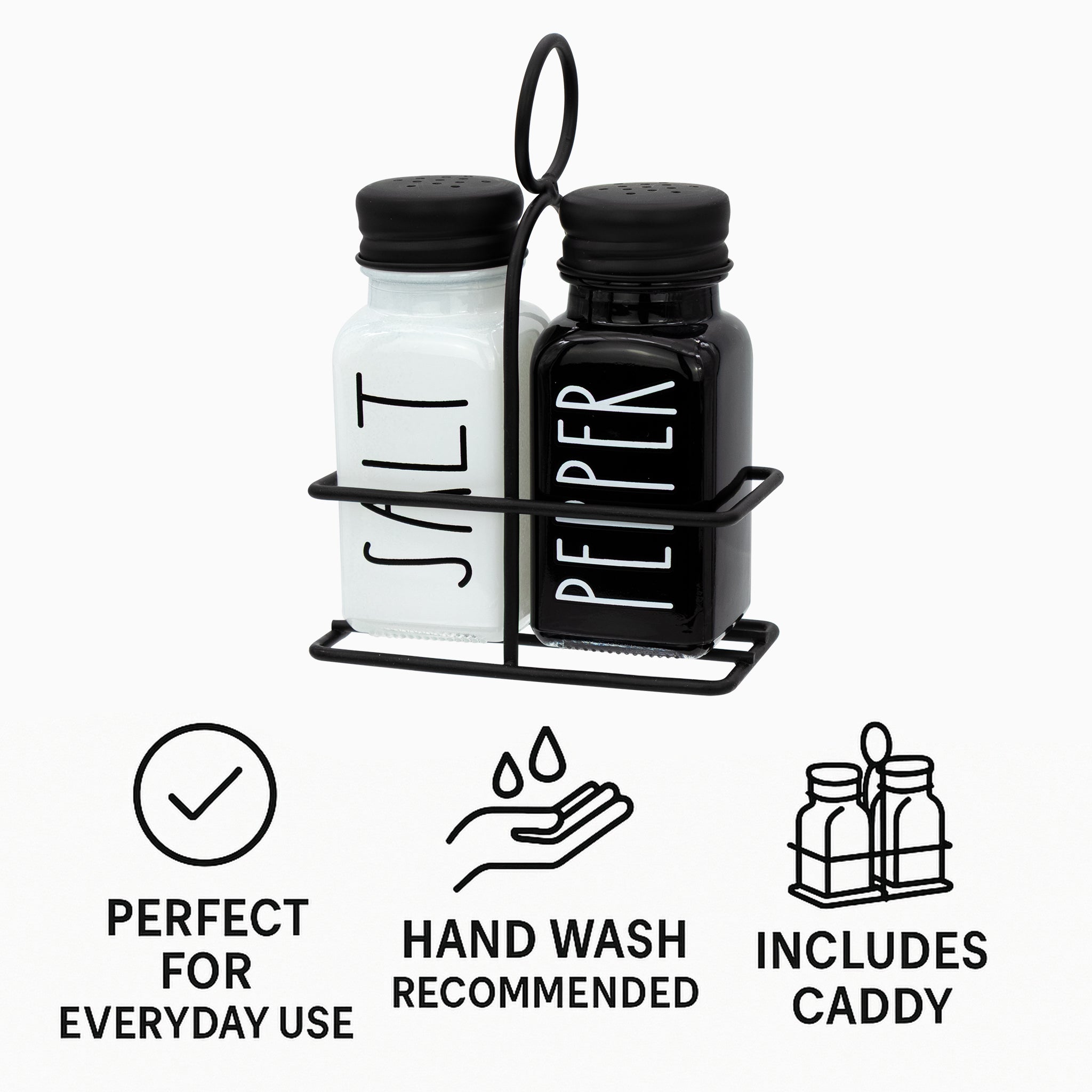 REGENT GLASS BLACK AND WHITE SALT & PEPPER SHAKERS IN A BLACK CADDY 3PCS SET, 85ML