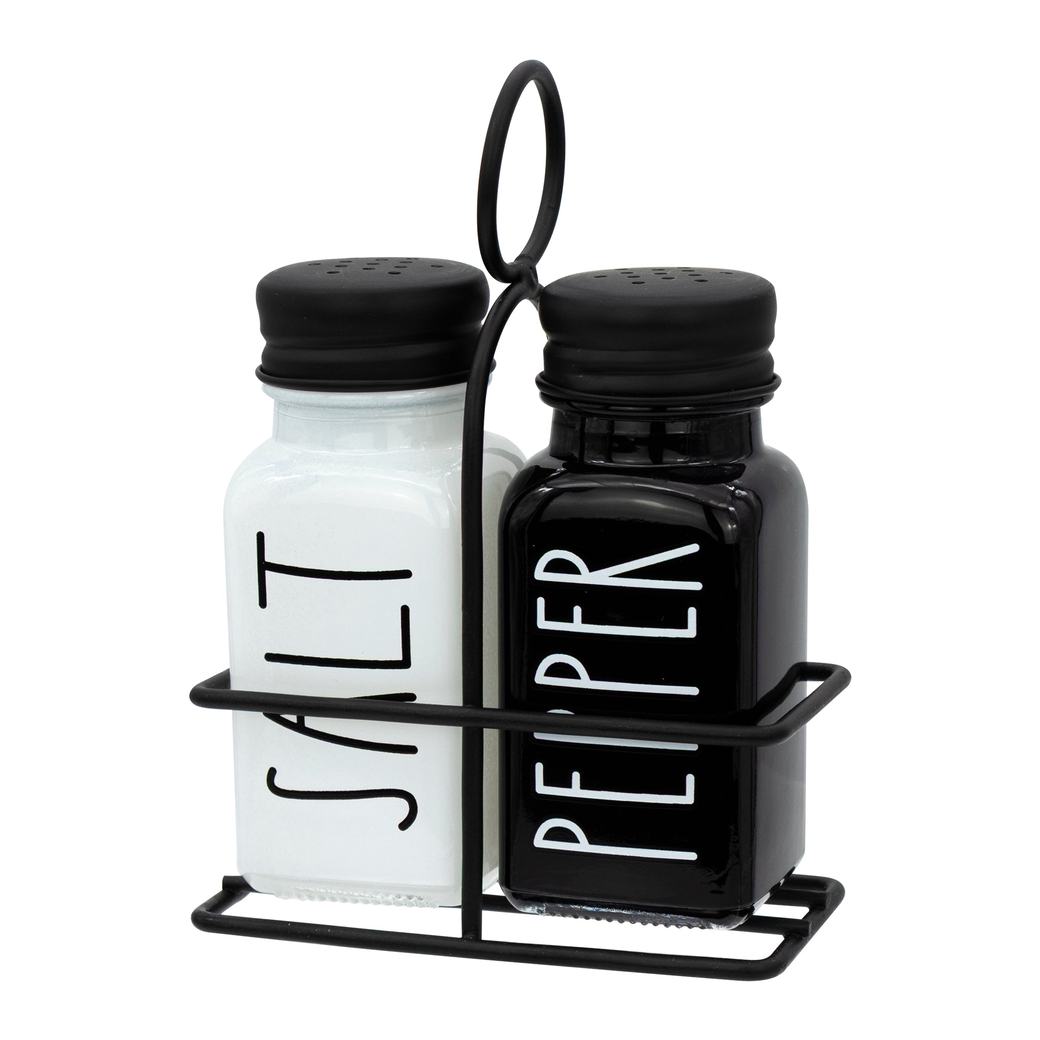 REGENT GLASS BLACK AND WHITE SALT & PEPPER SHAKERS IN A BLACK CADDY 3PCS SET, 85ML