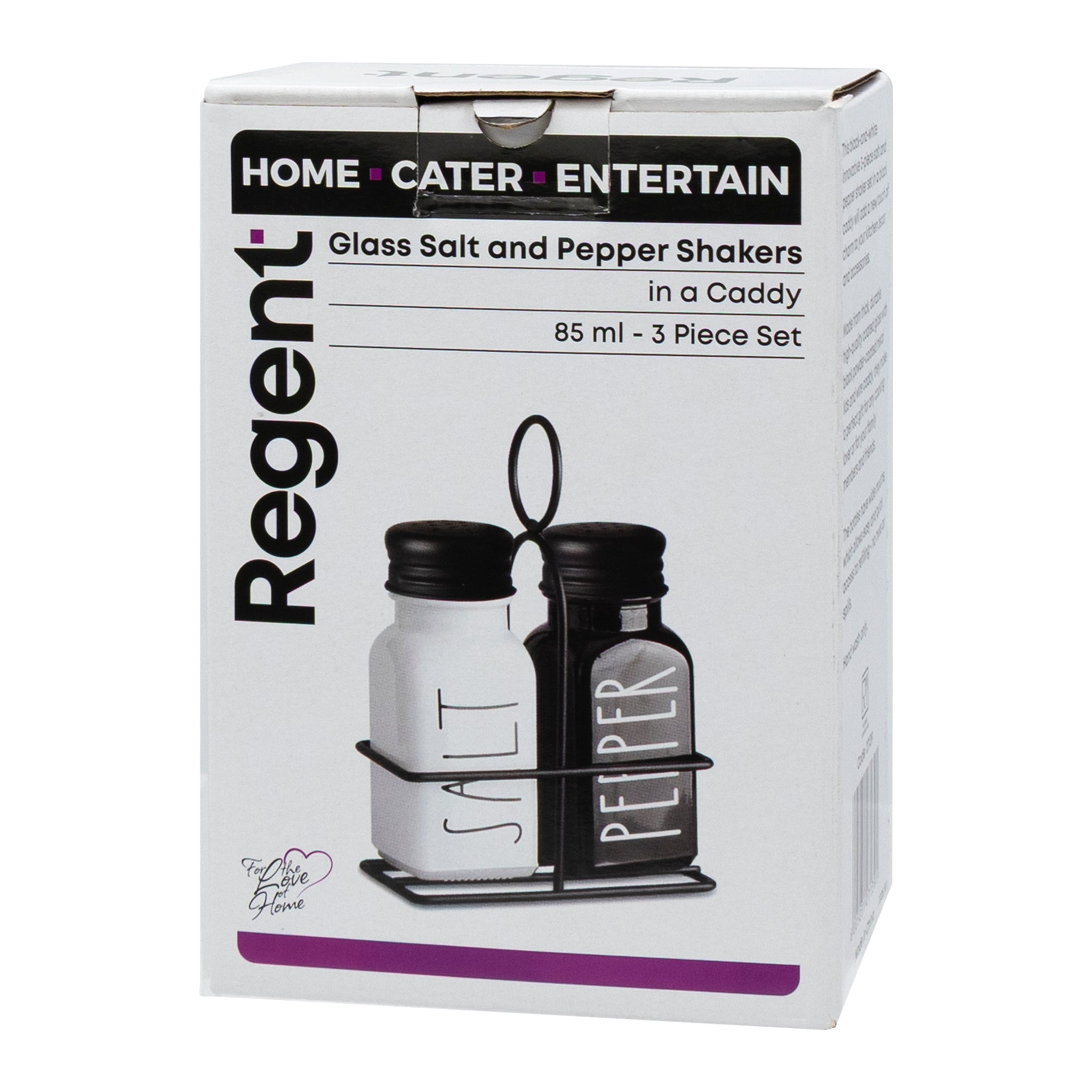 REGENT GLASS BLACK AND WHITE SALT & PEPPER SHAKERS IN A BLACK CADDY 3PCS SET, 85ML