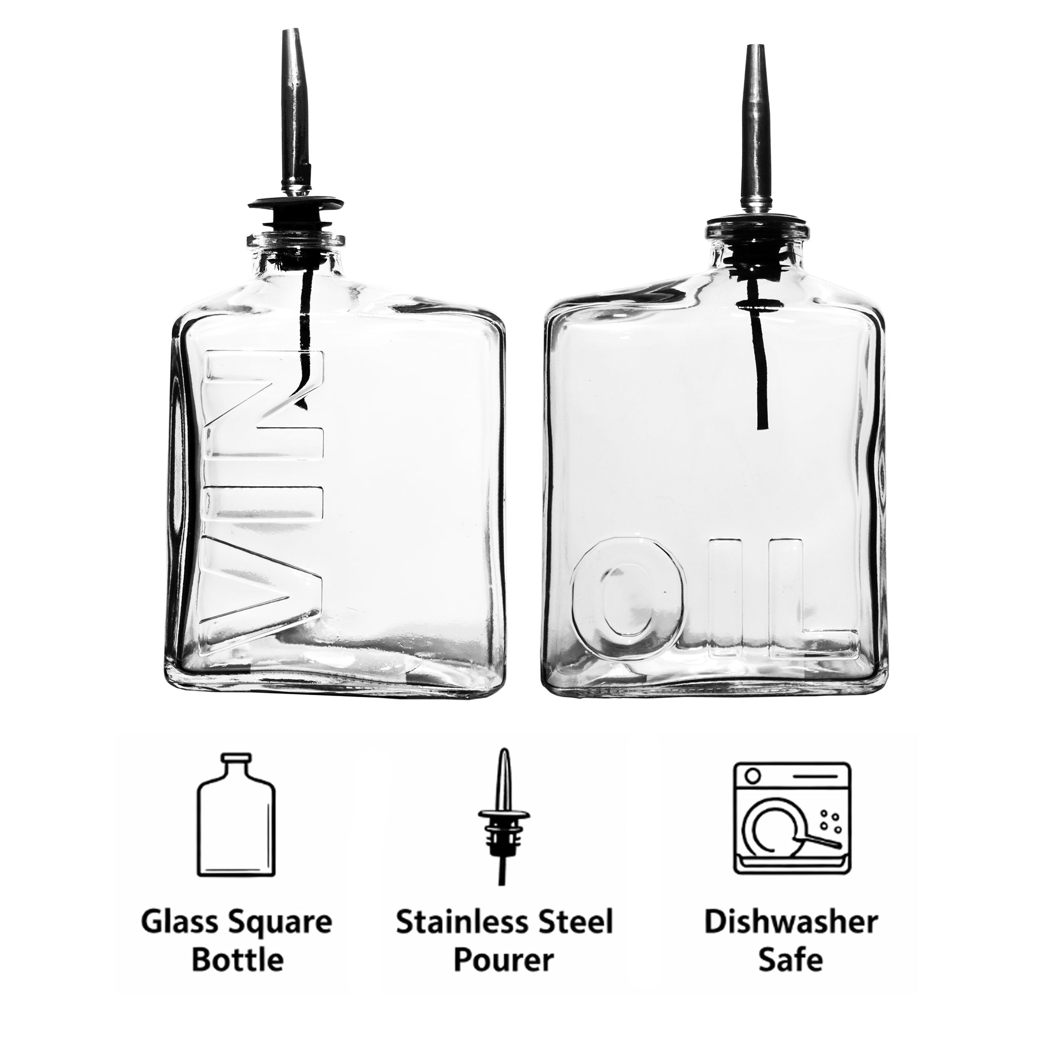 REGENT GLASS SQUARE EMBOSSED 'OIL' & 'VIN' BOTTLES WITH POURERS 2PCS SET, 450ML