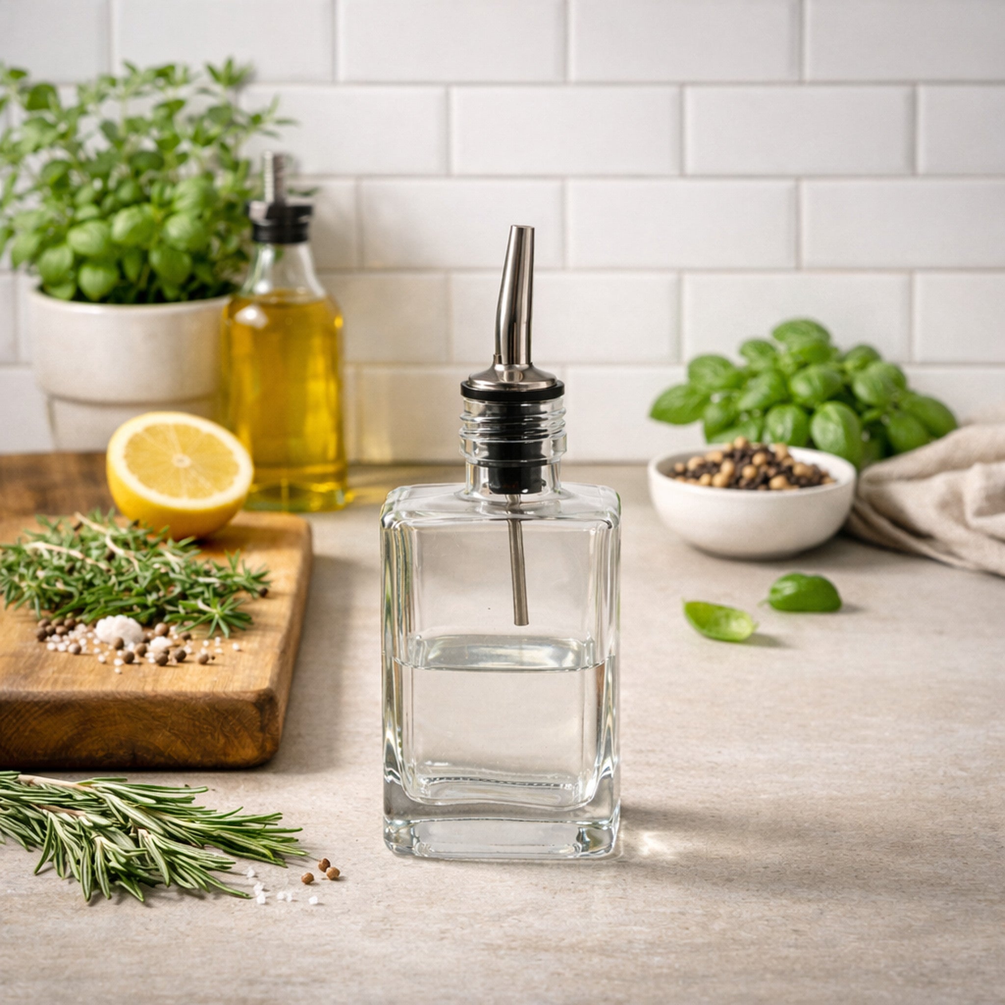 REGENT RECTANGULAR GLASS BOTTLE WITH POURER EA, 200ML