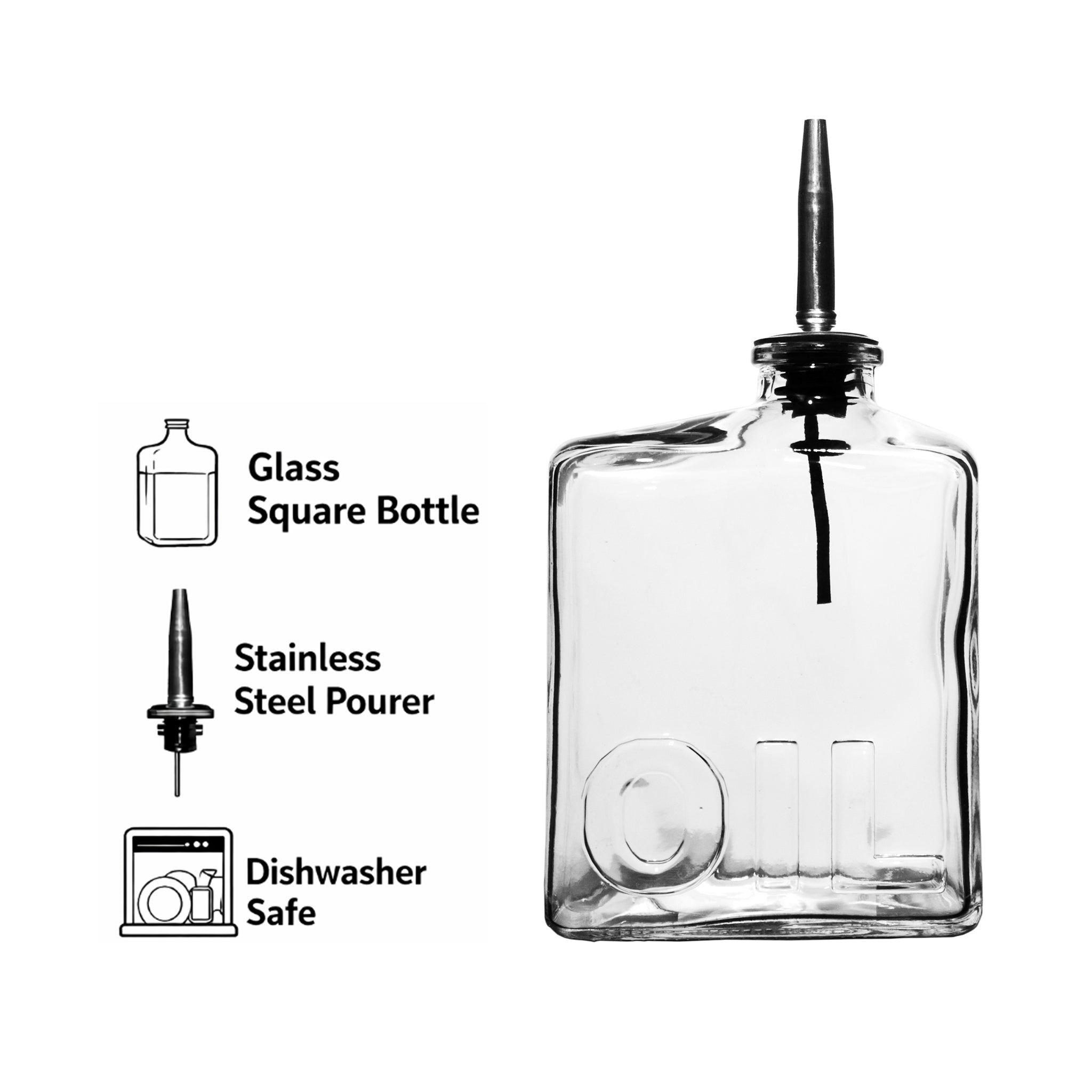 REGENT GLASS SQUARE BOTTLE EMBOSSED 'OIL' WITH POURER EA, 450ML