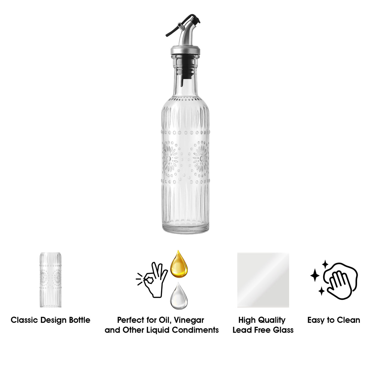 REGENT EMBOSSED GLASS OIL/VINEGAR BOTTLE WITH POURER, 500ML