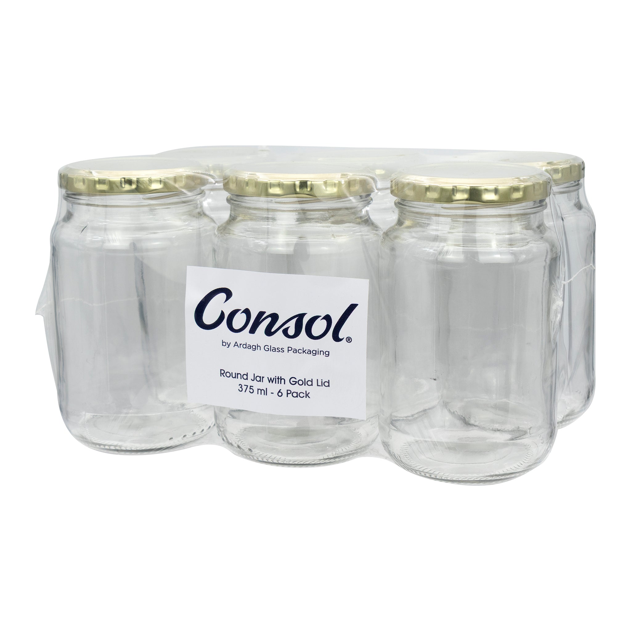 CONSOL ROUND JARS WITH GOLD LIDS 6PK, 375ML