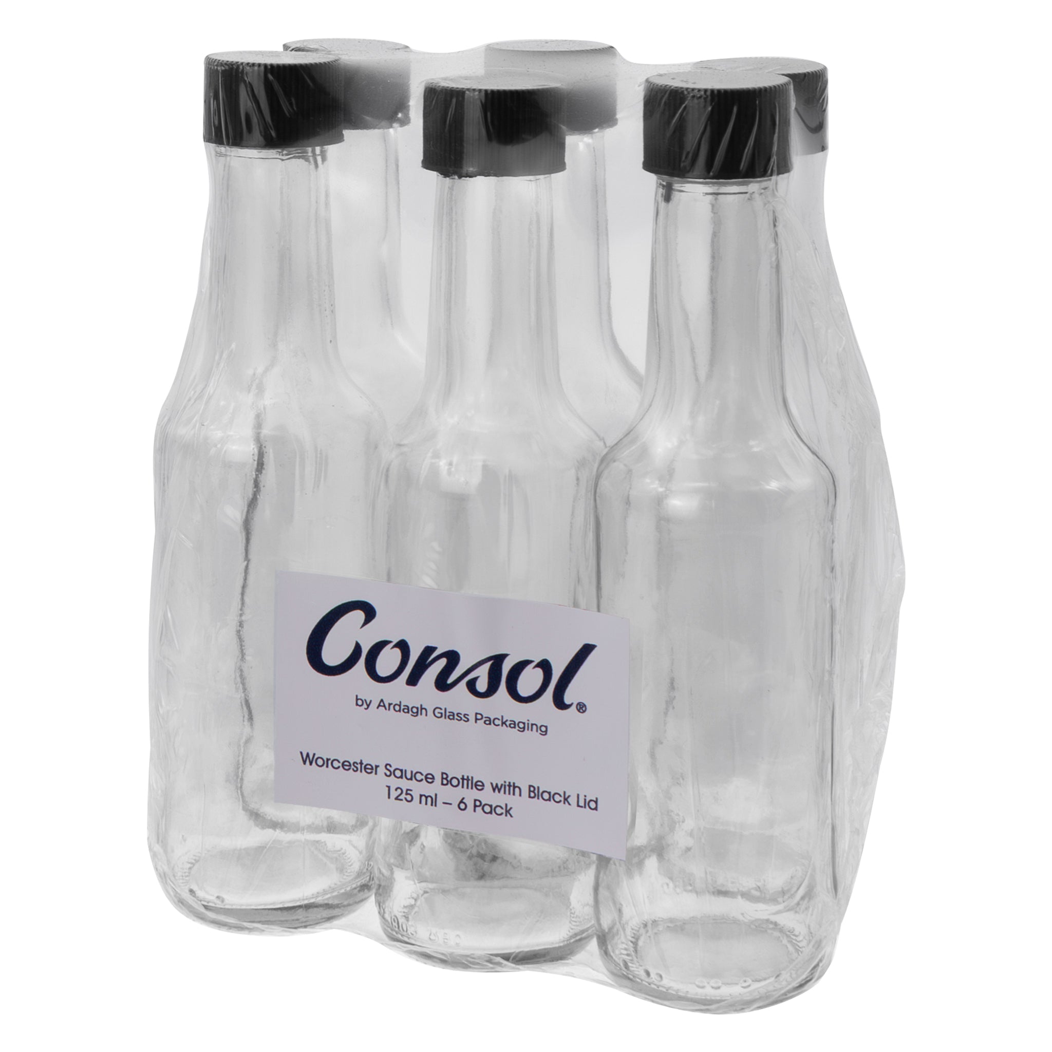 CONSOL WORCESTER SAUCE BOTTLES WITH BLACK LIDS 6PK, 125ML