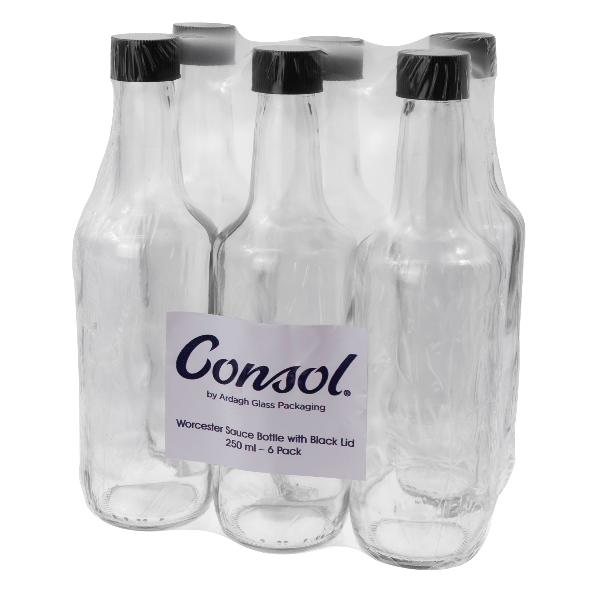 CONSOL WORCESTER SAUCE BOTTLES WITH BLACK LIDS 6PK, 250ML