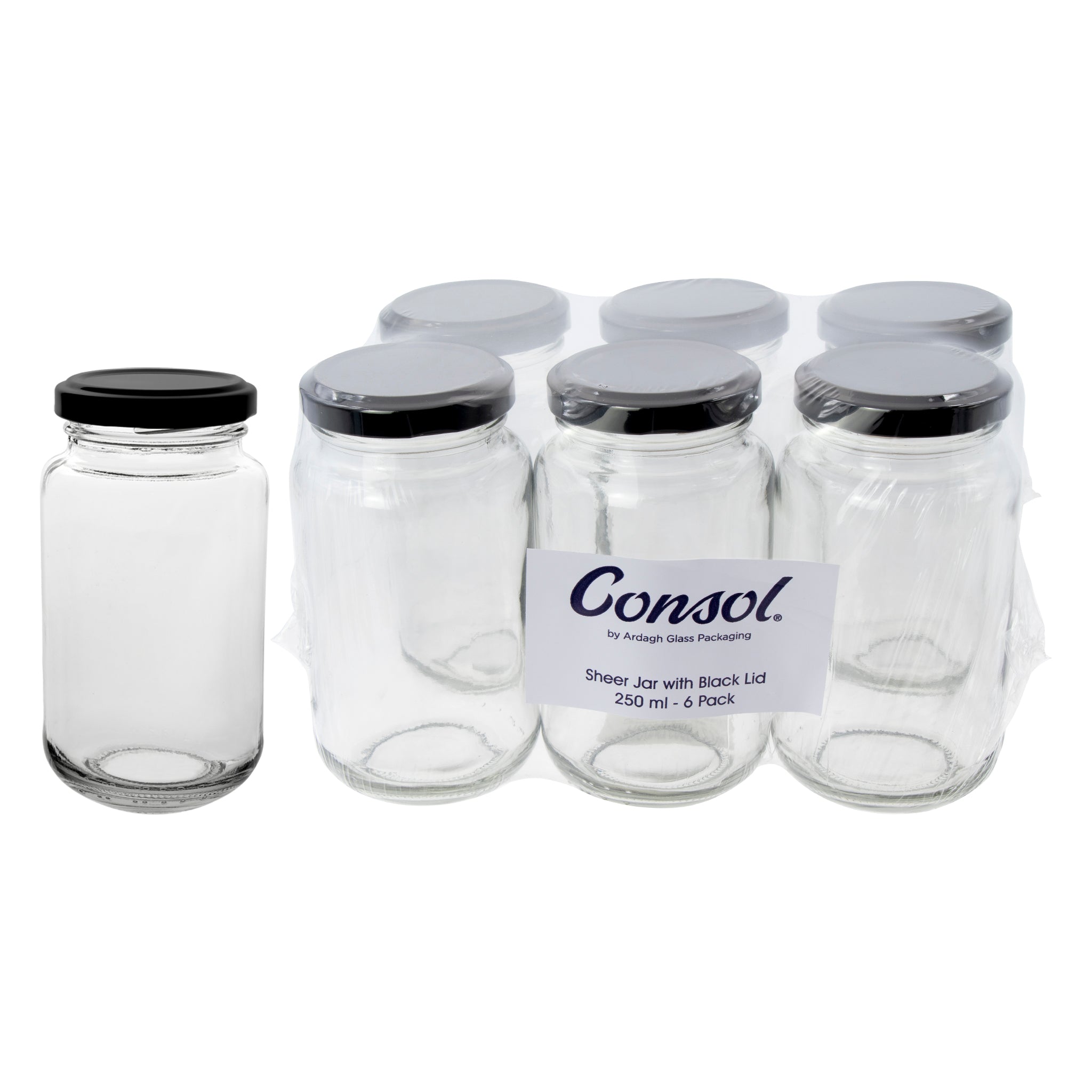 CONSOL SHEER JARS WITH BLACK LIDS 6PK, 250ML