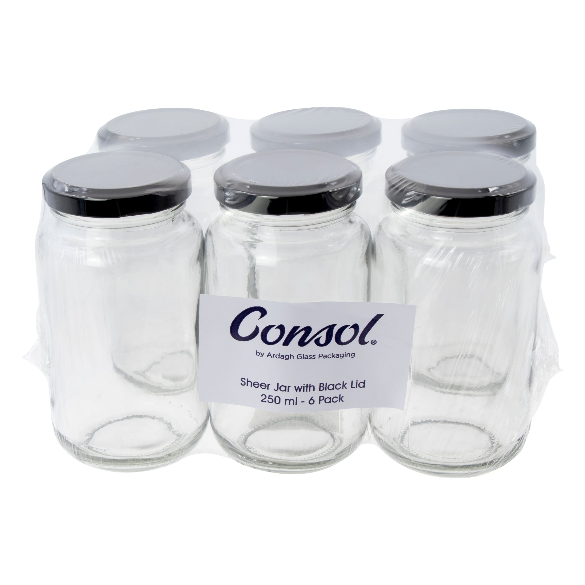 CONSOL SHEER JARS WITH BLACK LIDS 6PK, 250ML