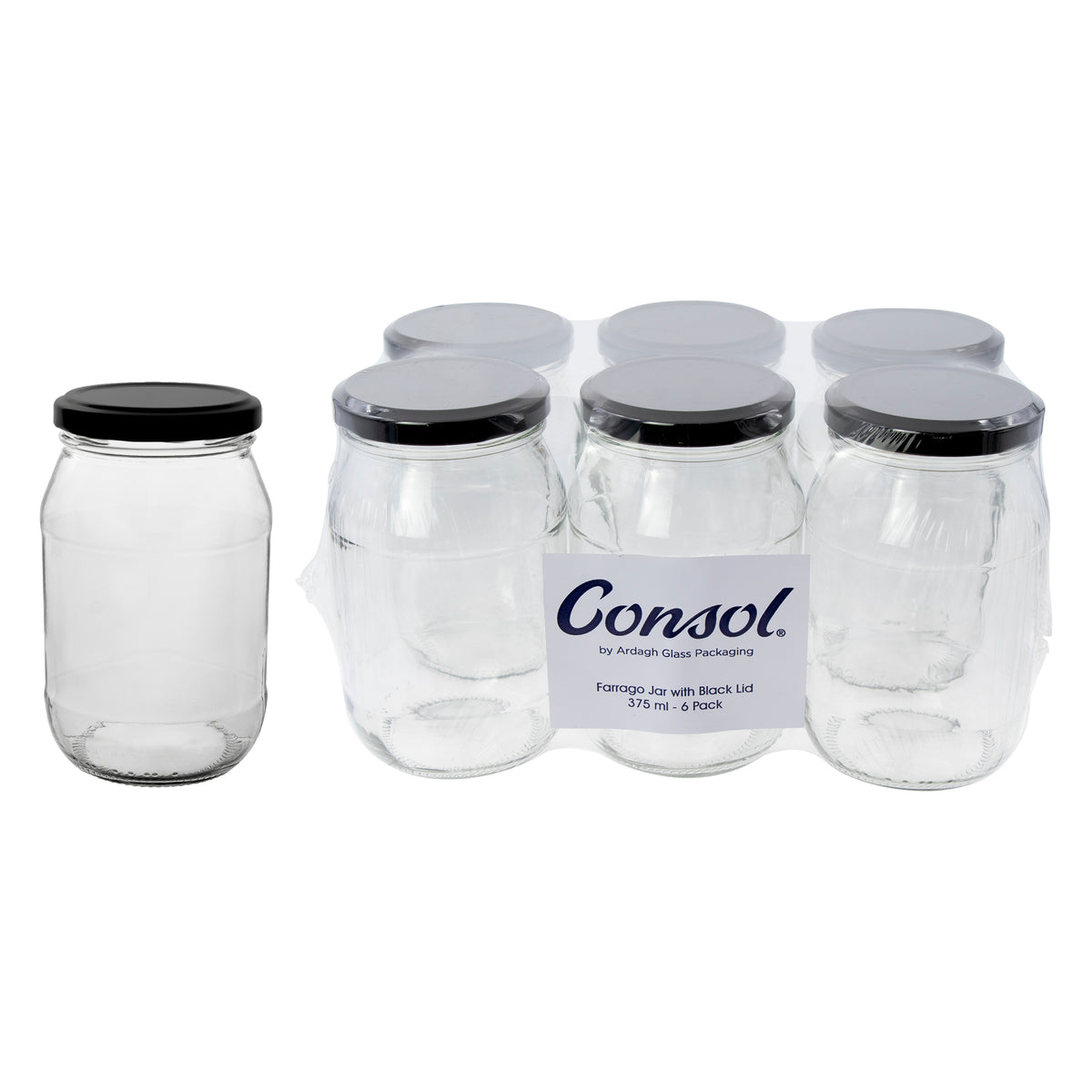 CONSOL FARRAGO JARS WITH BLACK LIDS 6PK, 375ML