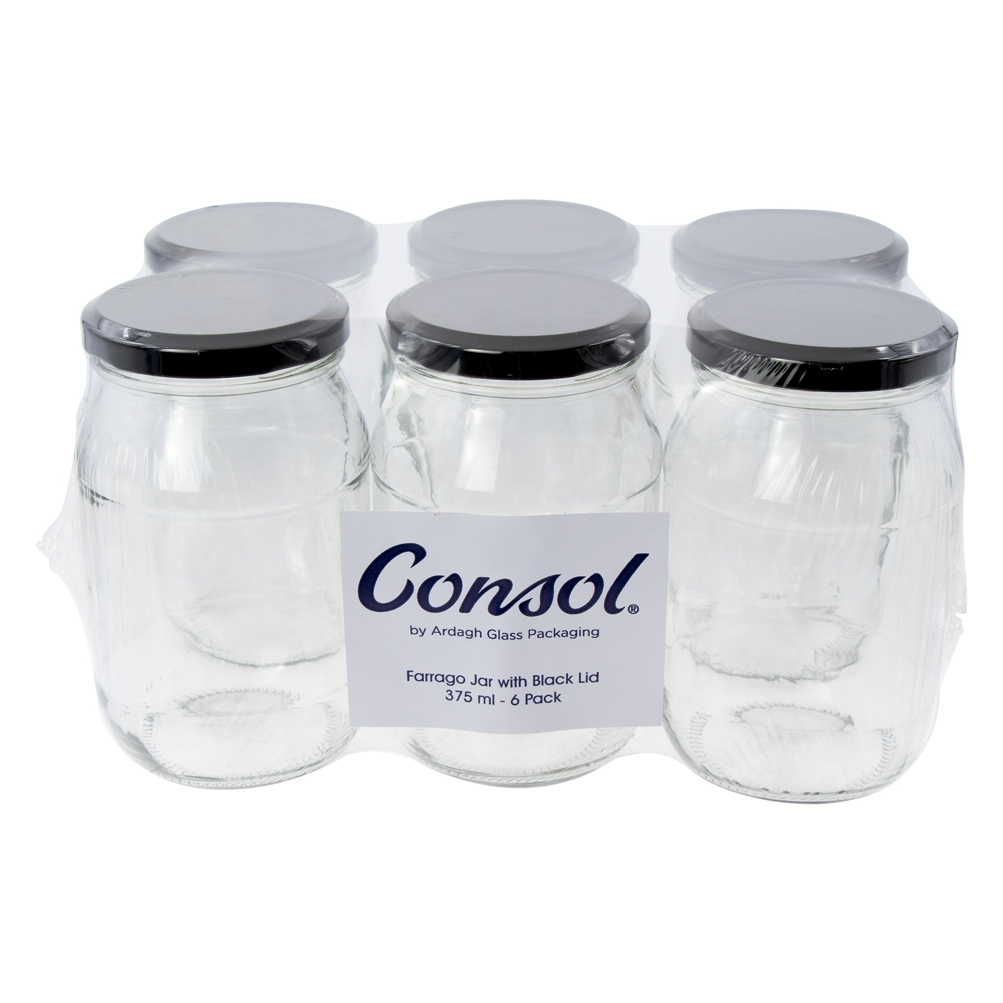CONSOL FARRAGO JARS WITH BLACK LIDS 6PK, 375ML