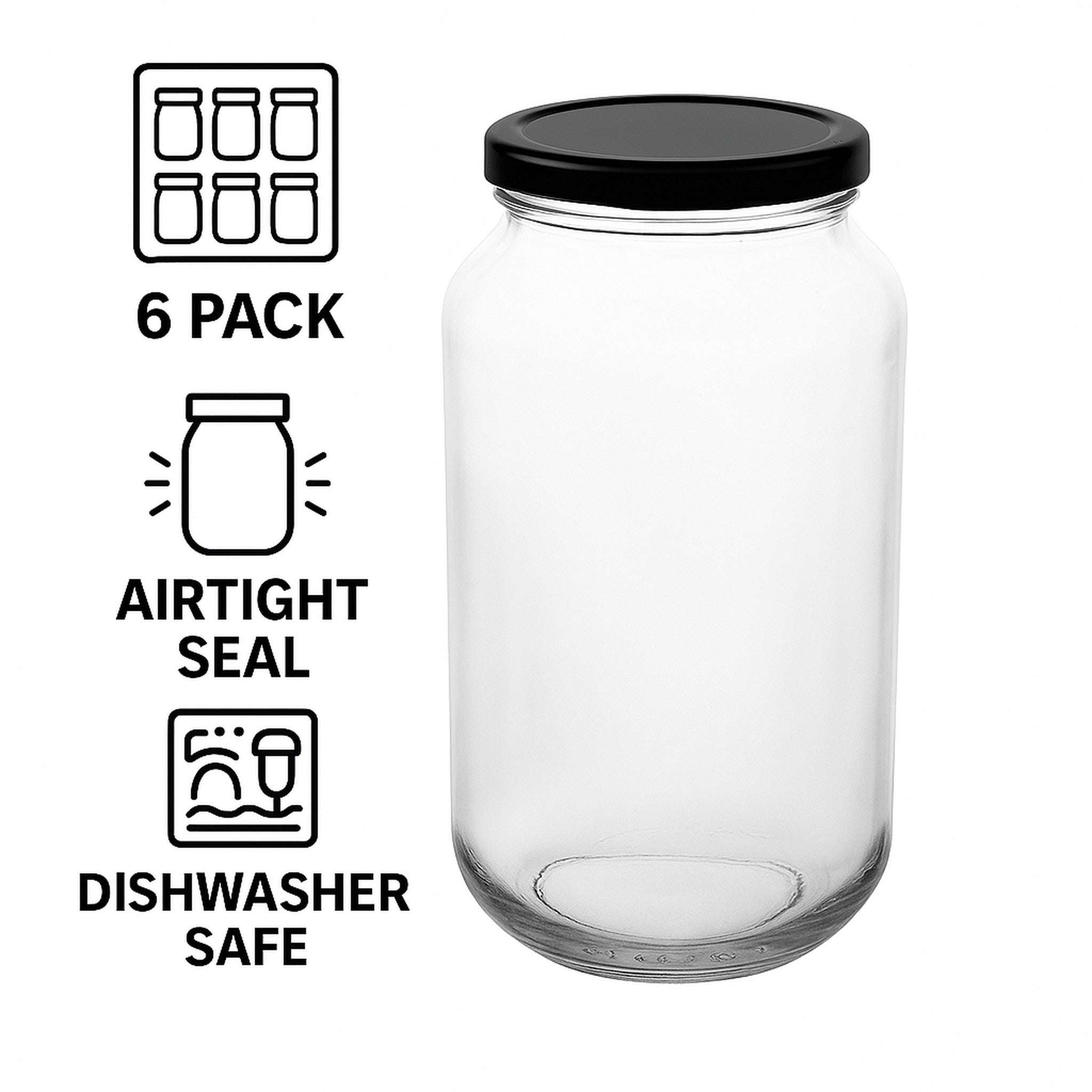 CONSOL ROUND JARS WITH BLACK LIDS 6PK, 750ML