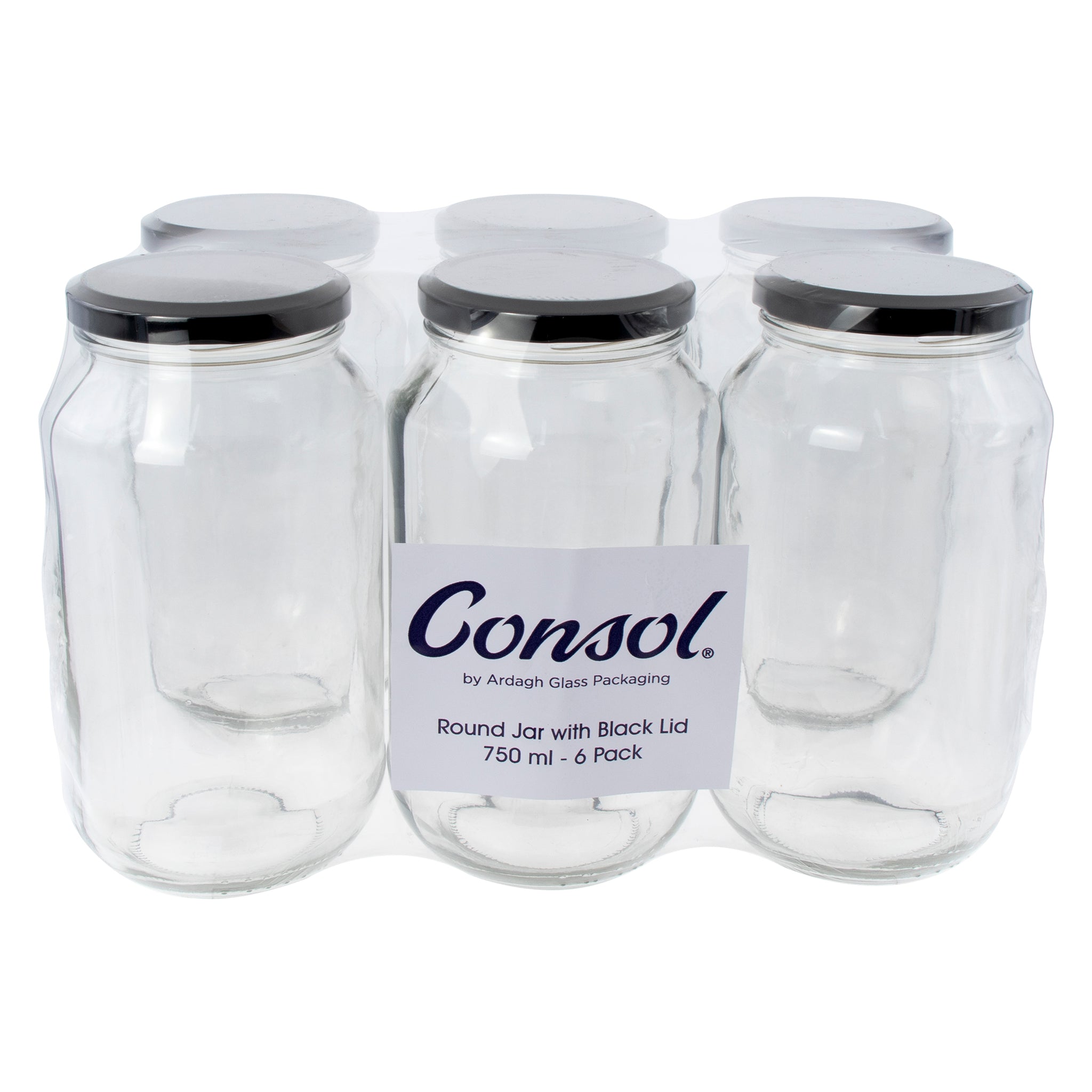 CONSOL ROUND JARS WITH BLACK LIDS 6PK, 750ML