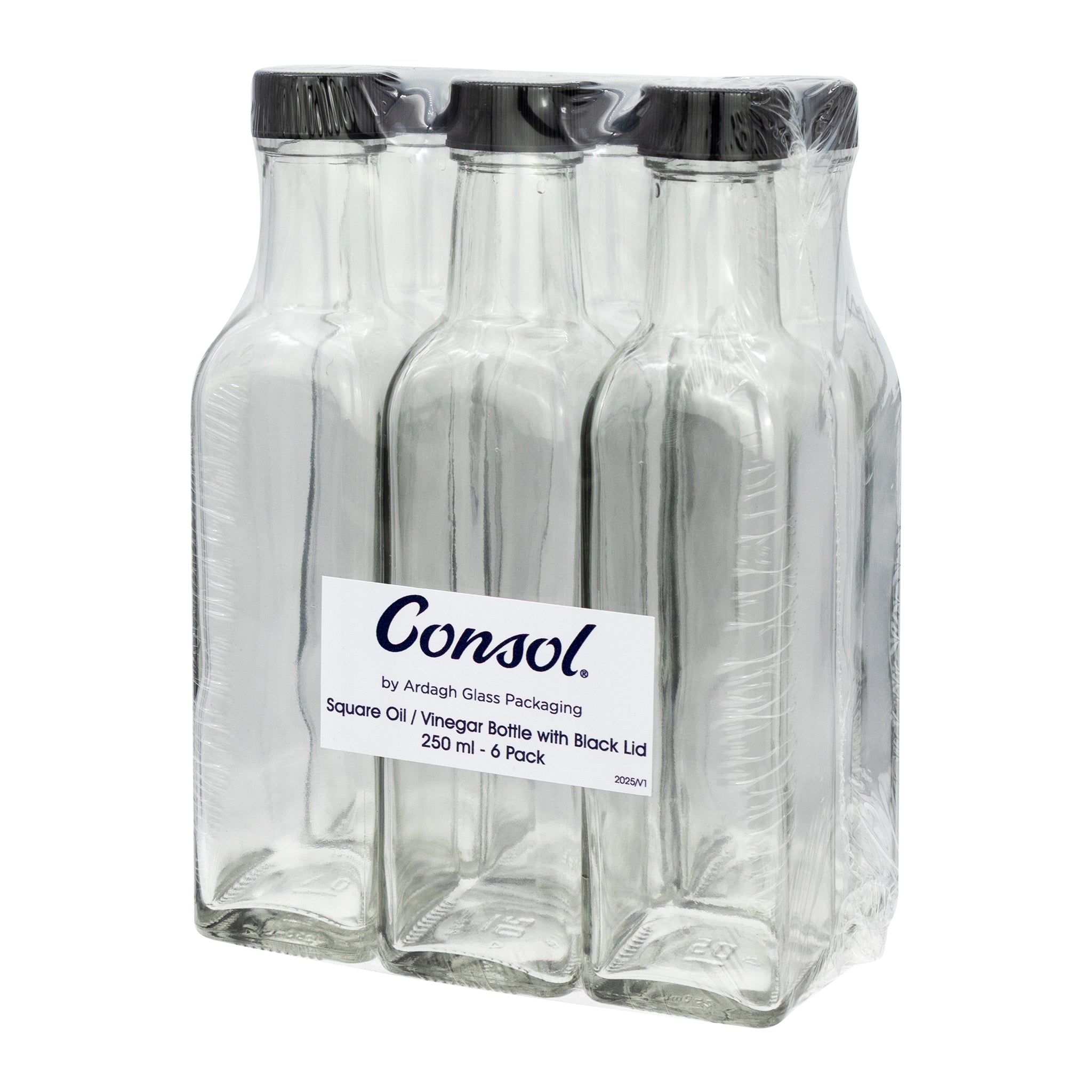 CONSOL SQUARE OIL/VINEGAR BOTTLE WITH BLACK LID 6PK, 250ML