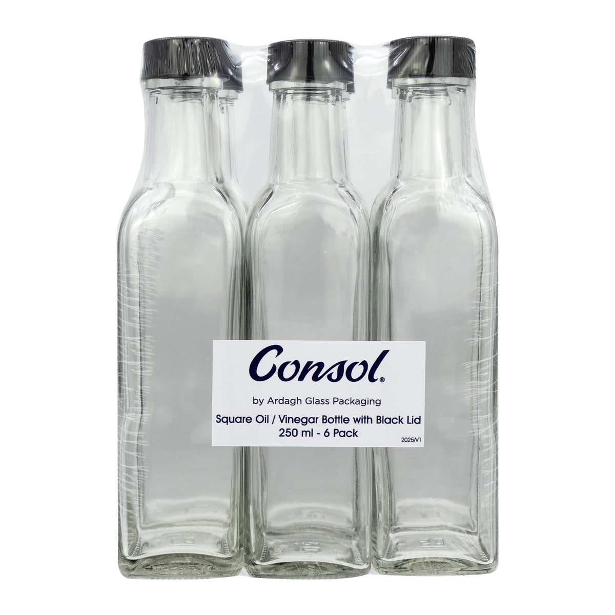 CONSOL SQUARE OIL/VINEGAR BOTTLE WITH BLACK LID 6PK, 250ML