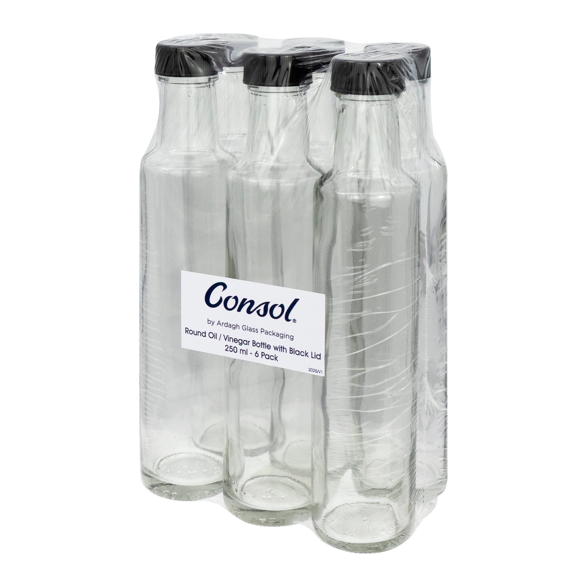 CONSOL ROUND OIL/VINEGAR BOTTLE WITH BLACK LID 6PK, 250ML