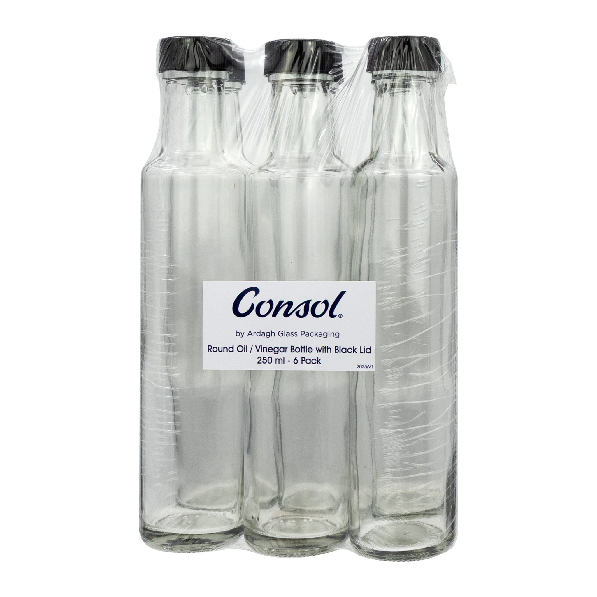 CONSOL ROUND OIL/VINEGAR BOTTLE WITH BLACK LID 6PK, 250ML