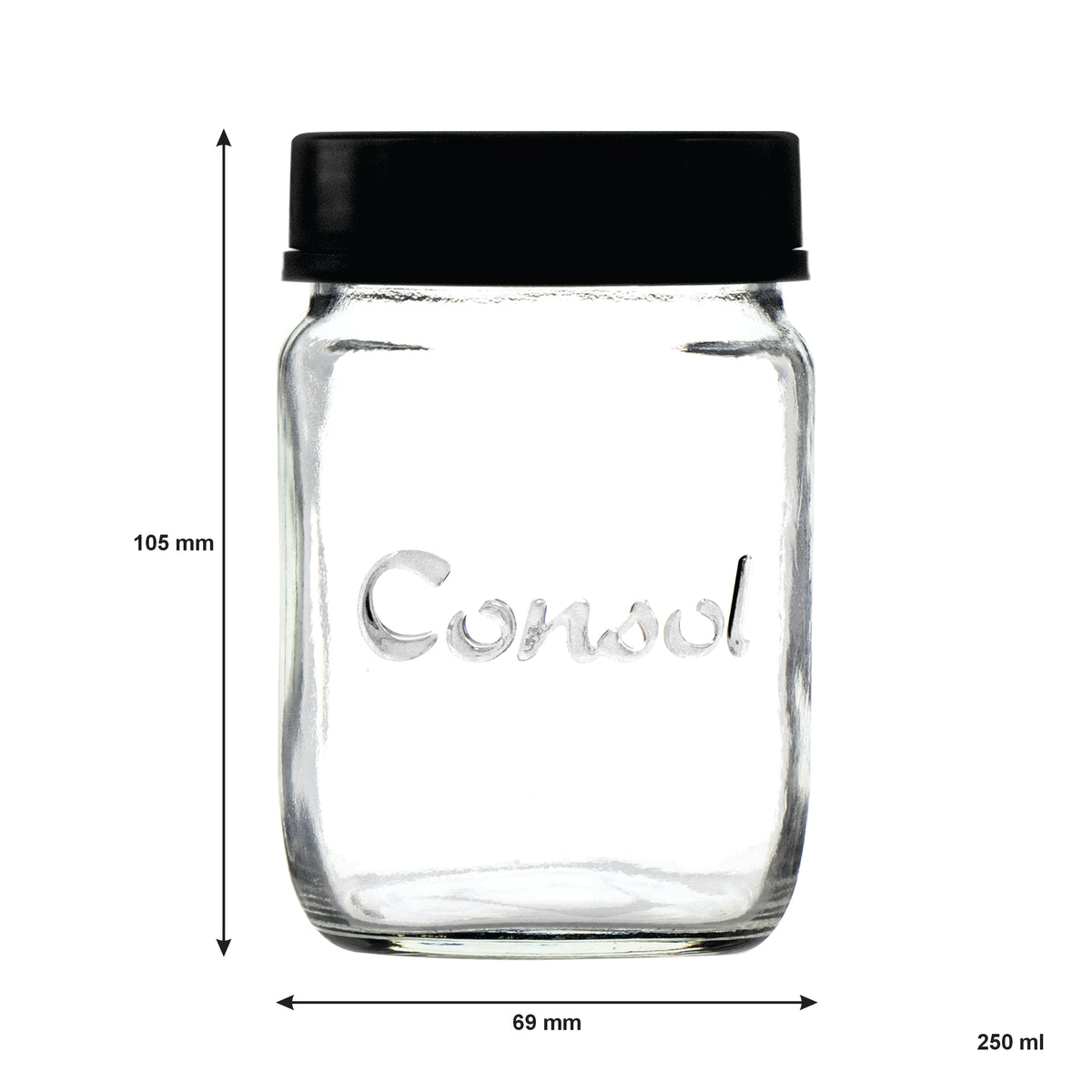 CONSOL JAR WITH ASSORTED COLOURED LID 6PK, 250ML