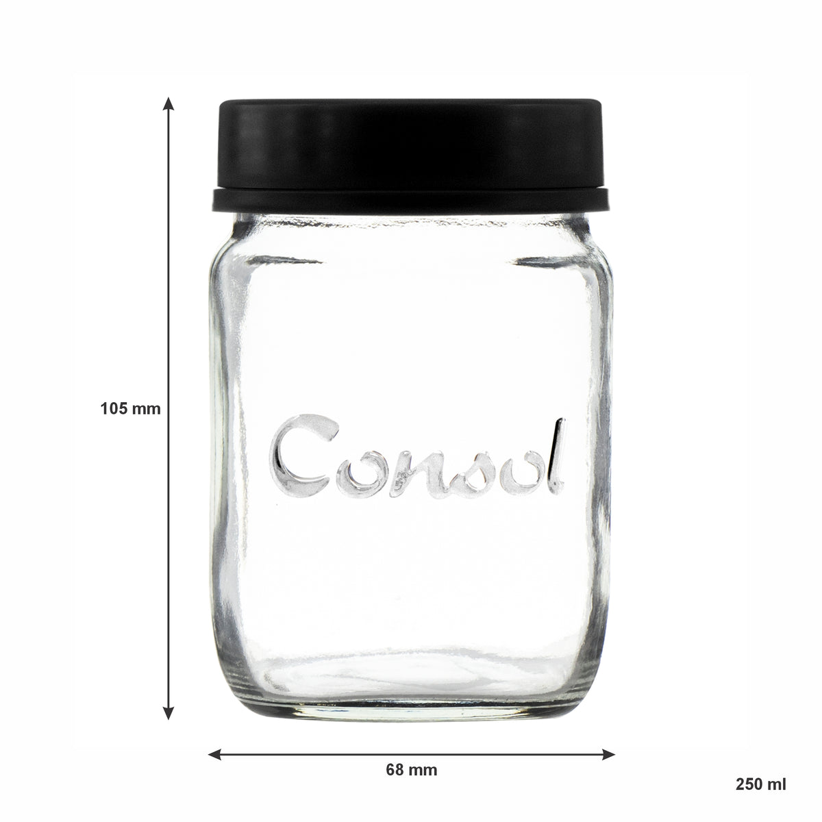 CONSOL JARS WITH ASSORTED COLOURED LIDS 6PK, 250ML