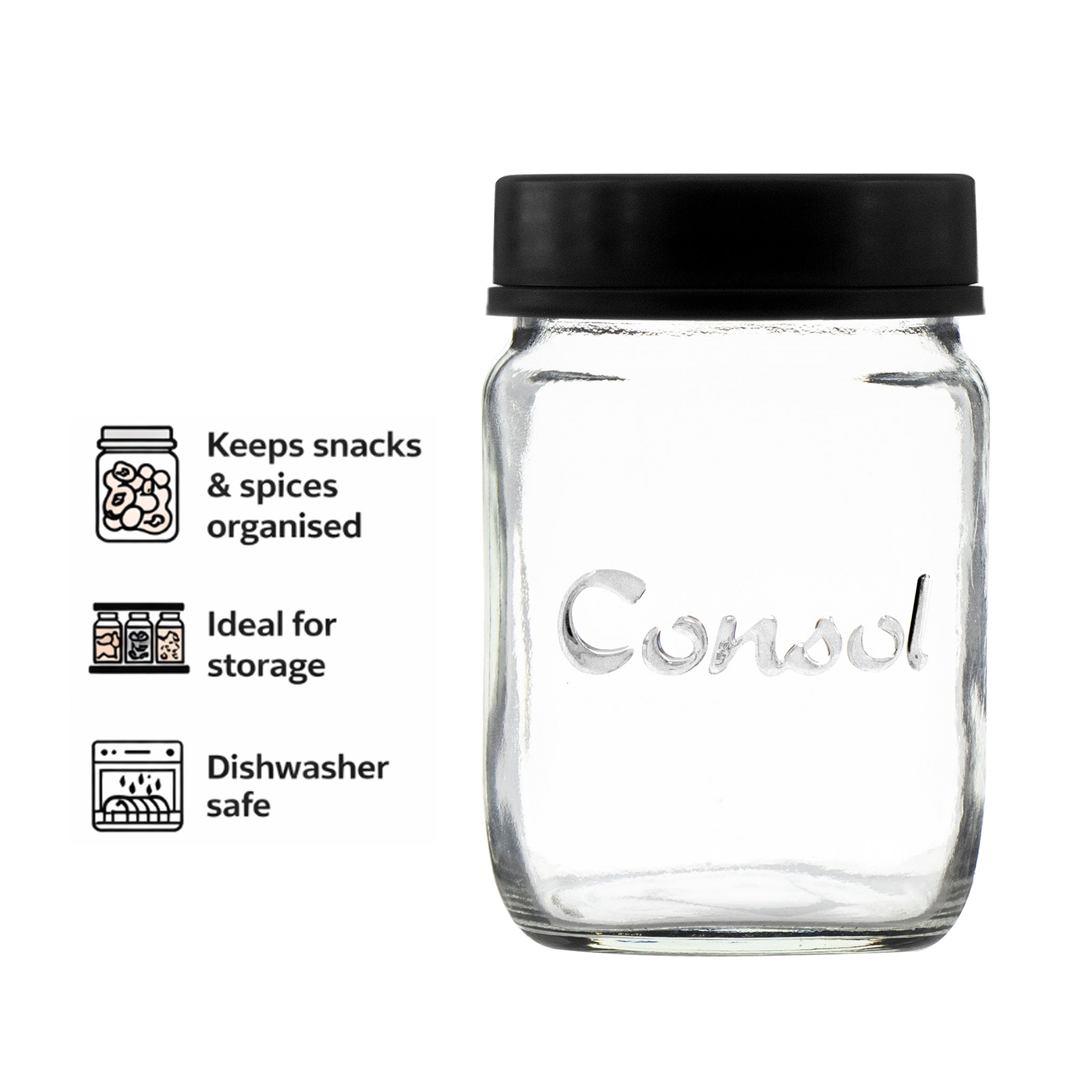 CONSOL JAR WITH ASSORTED COLOURED LID 6PK, 250ML