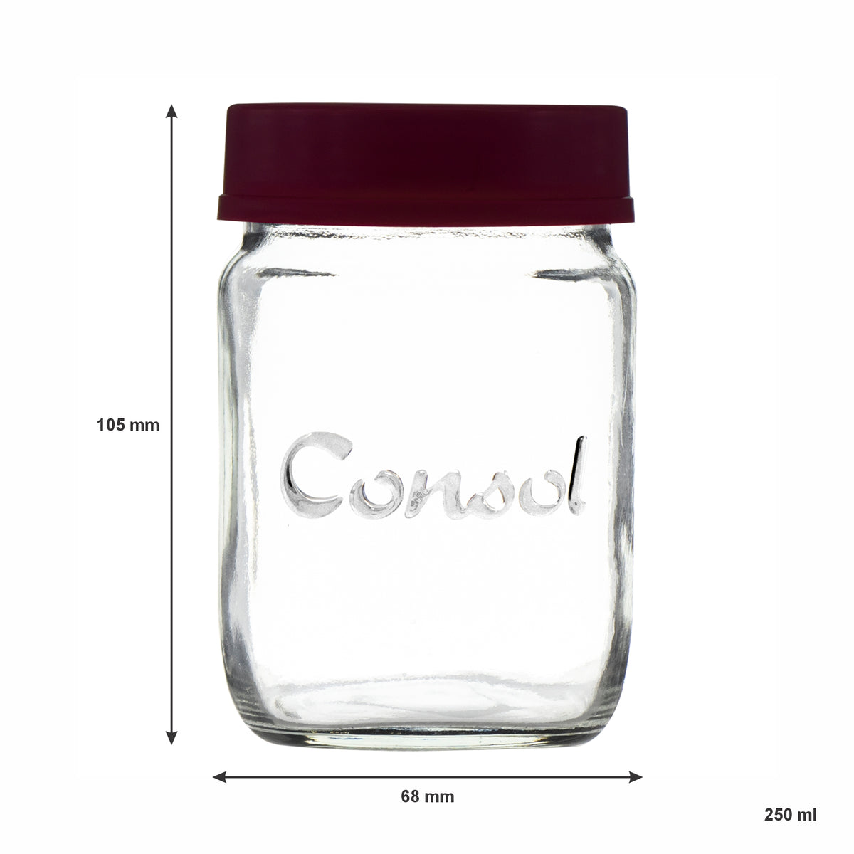 CONSOL JARS WITH ASSORTED COLOURED LIDS 6PK, 250ML