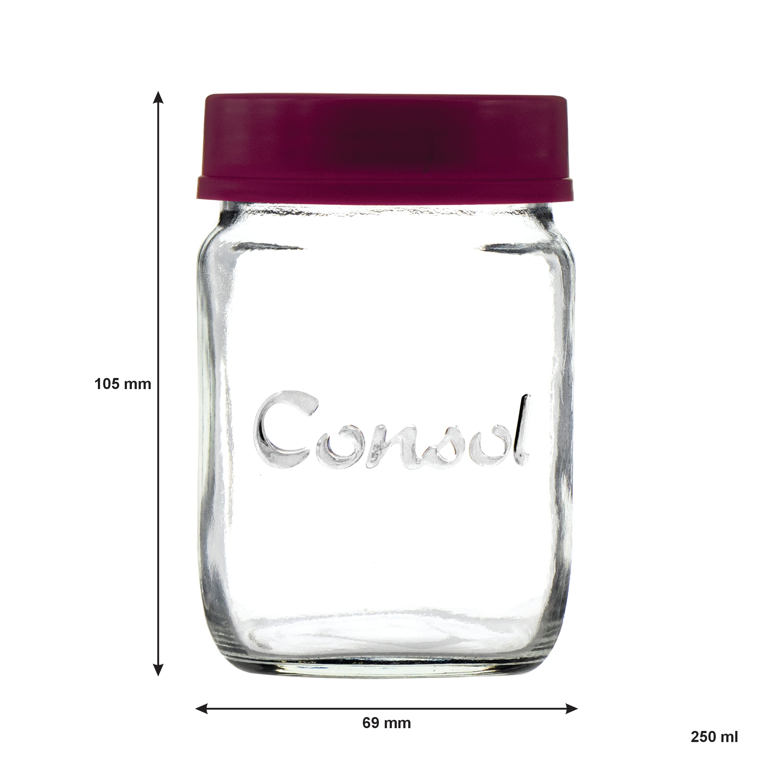 CONSOL JAR WITH ASSORTED COLOURED LID 6PK, 250ML