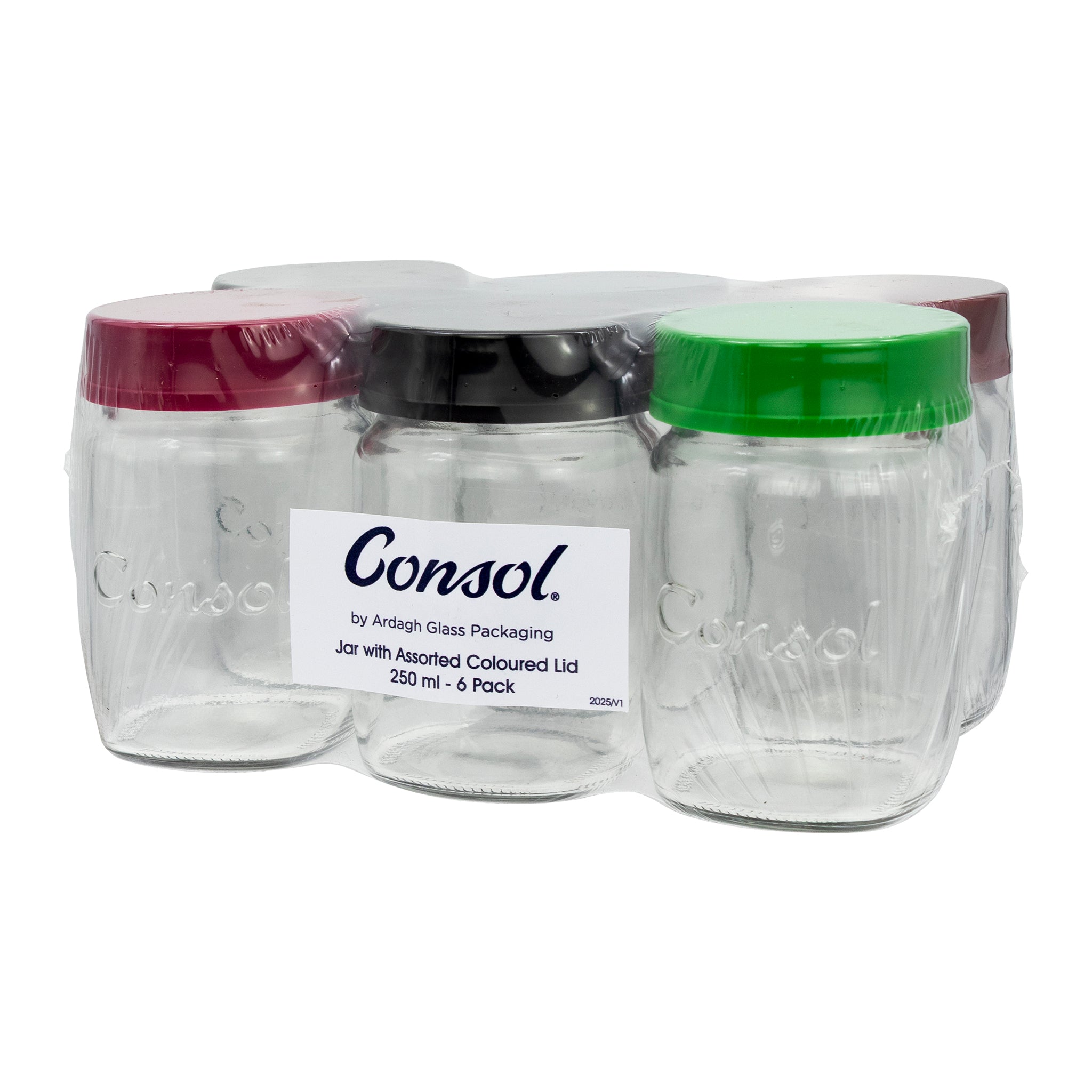 CONSOL JAR WITH ASSORTED COLOURED LID 6PK, 250ML