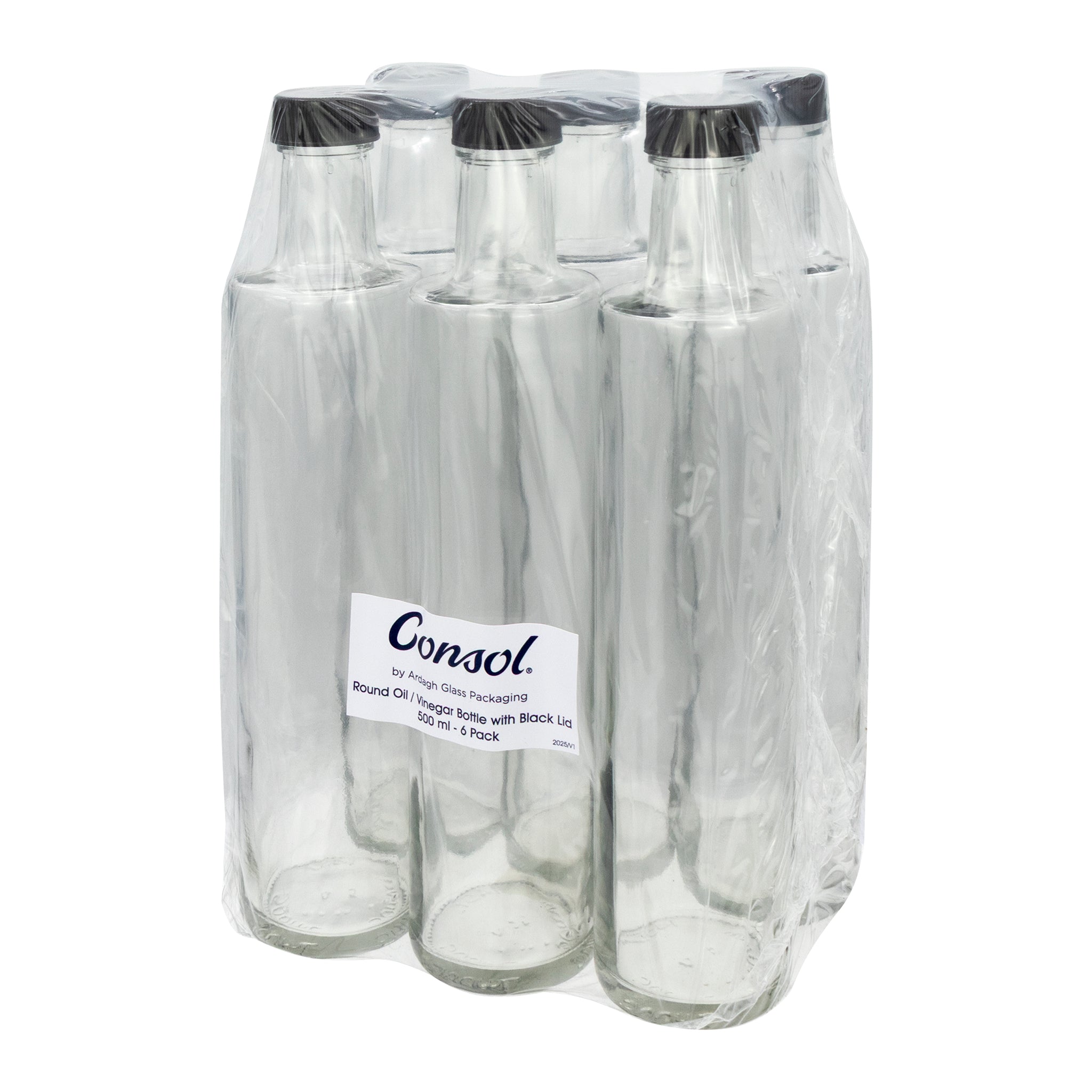 CONSOL ROUND OIL/VINEGAR BOTTLE WITH BLACK LID 6PK, 500ML