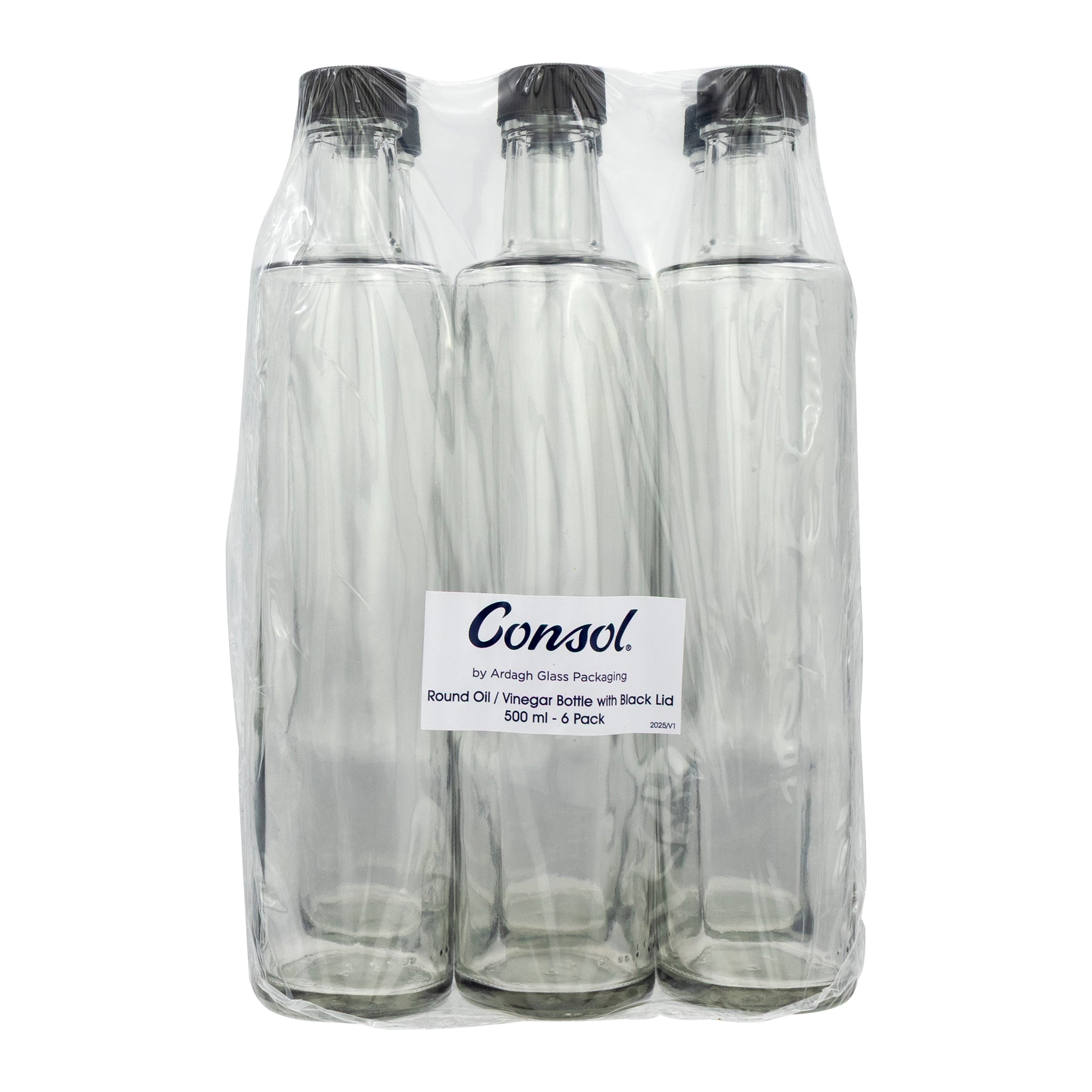 CONSOL ROUND OIL/VINEGAR BOTTLE WITH BLACK LID 6PK, 500ML