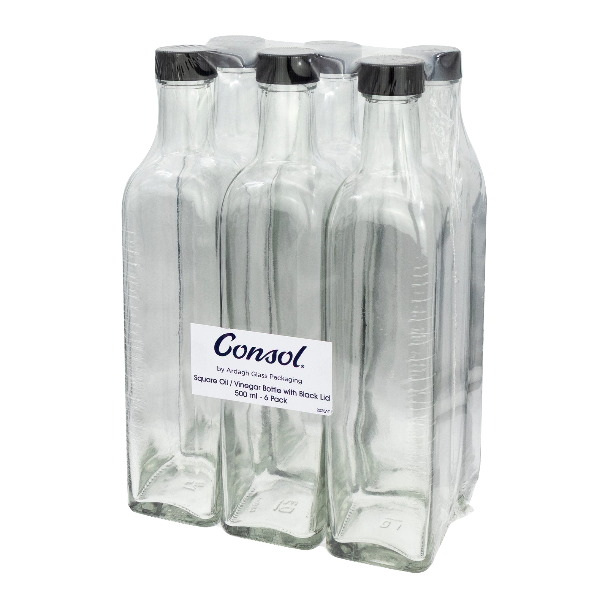 CONSOL SQUARE OIL/VINEGAR BOTTLE WITH BLACK LID 6PK, 500ML
