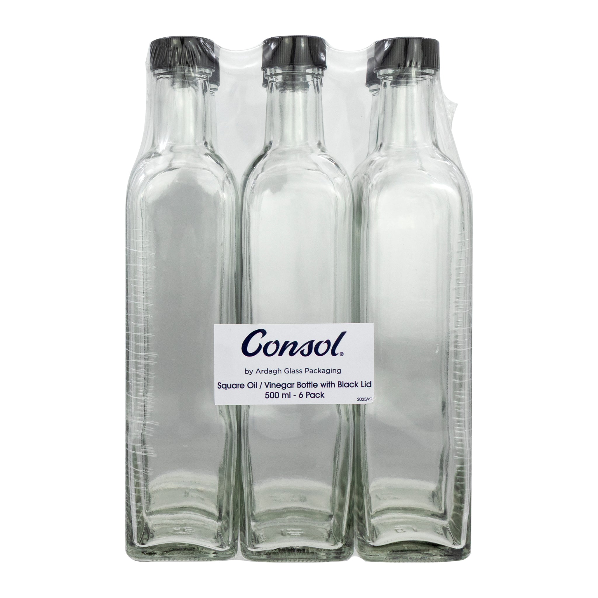 CONSOL SQUARE OIL/VINEGAR BOTTLE WITH BLACK LID 6PK, 500ML