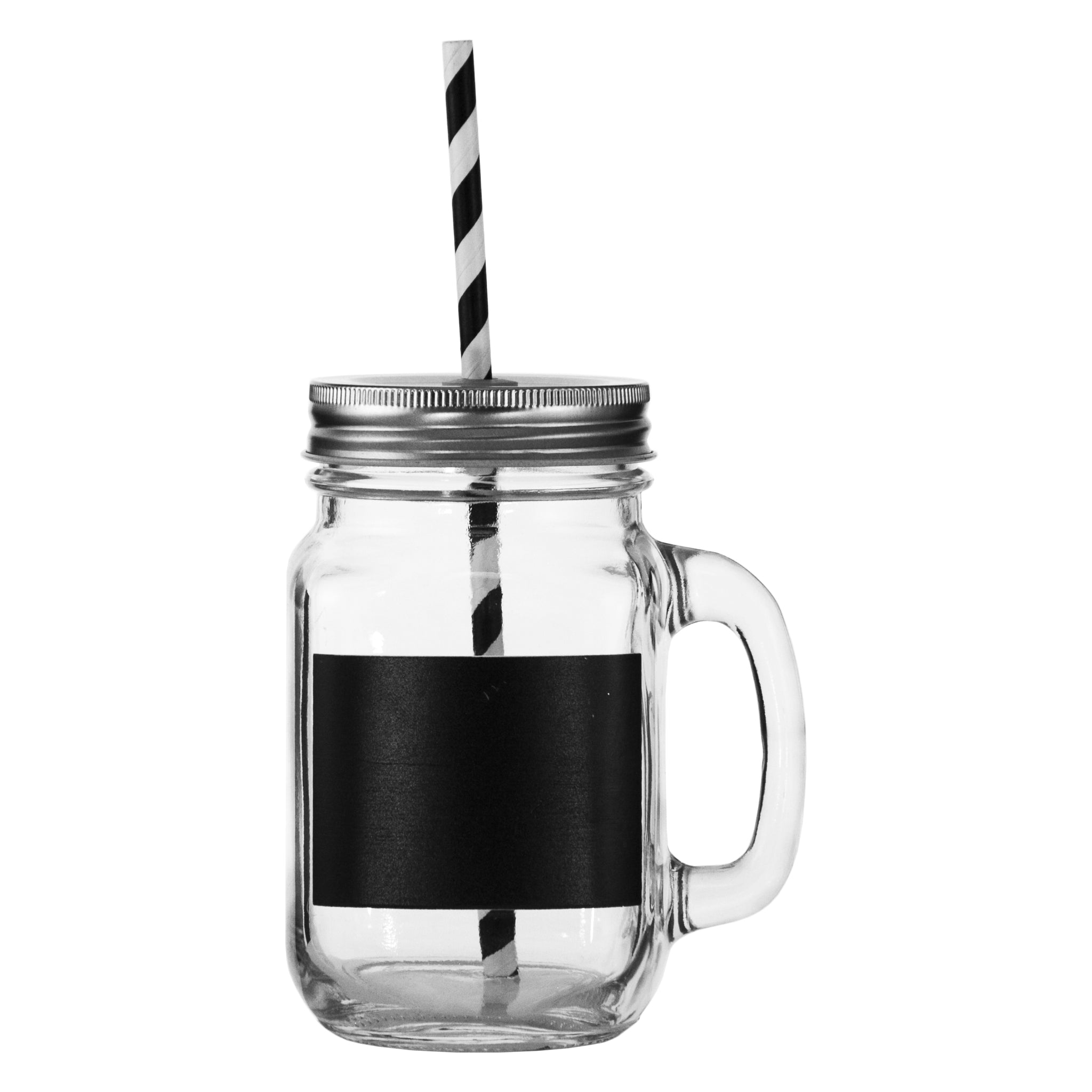 REGENT MASON JAR GLASS MUG WITH BLACK NOTES, LID & STRAW, 450ML