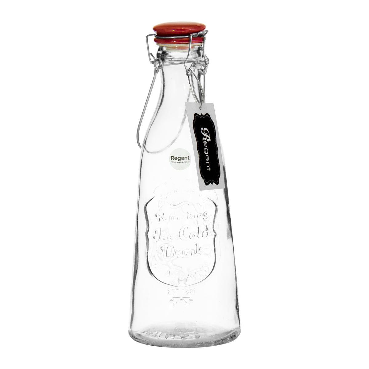 REGENT GLASS EMBOSSED DESIGN BOTTLE WITH RED CLIP TOP LID, 1L