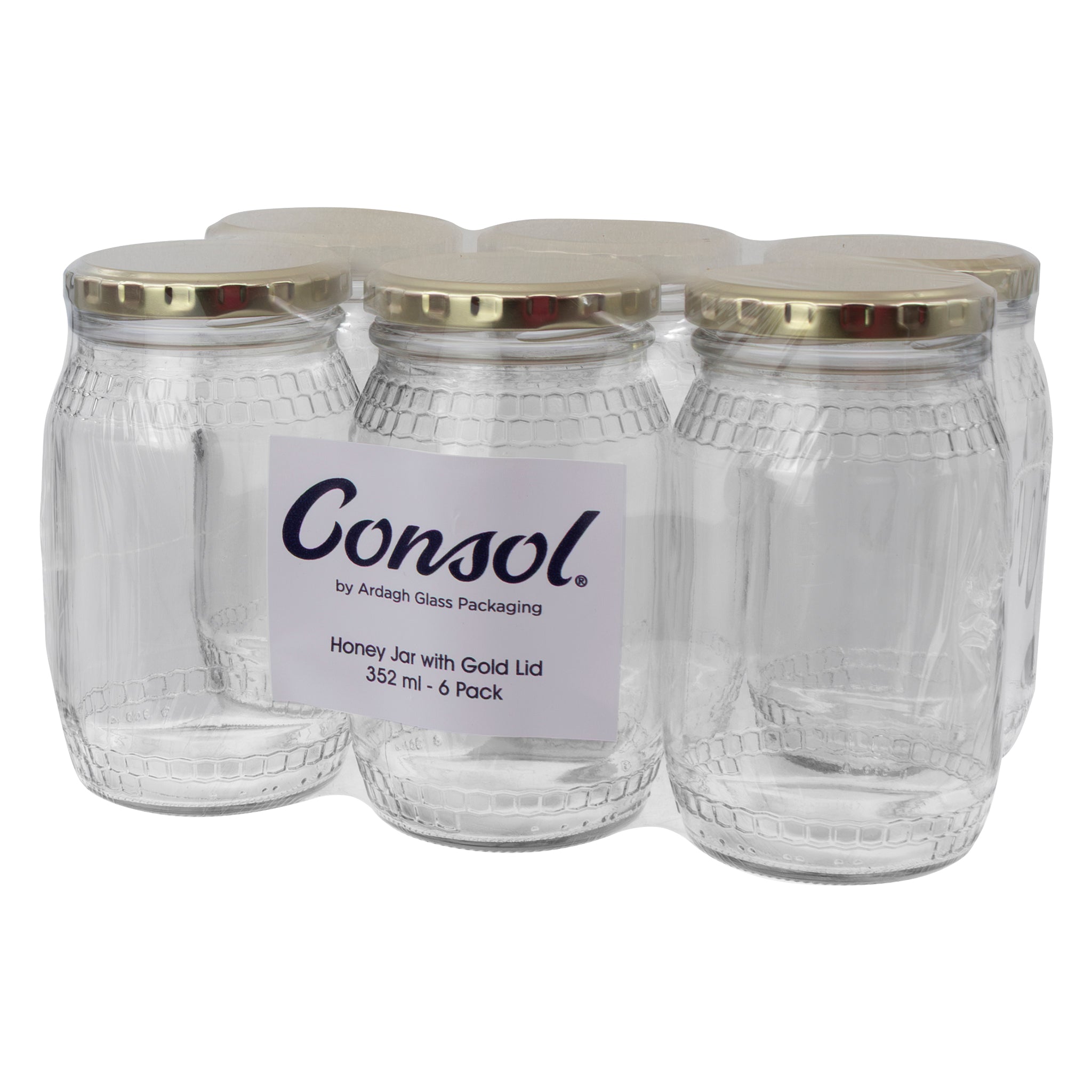 CONSOL HONEY JARS WITH GOLD LIDS 6PK, 352ML