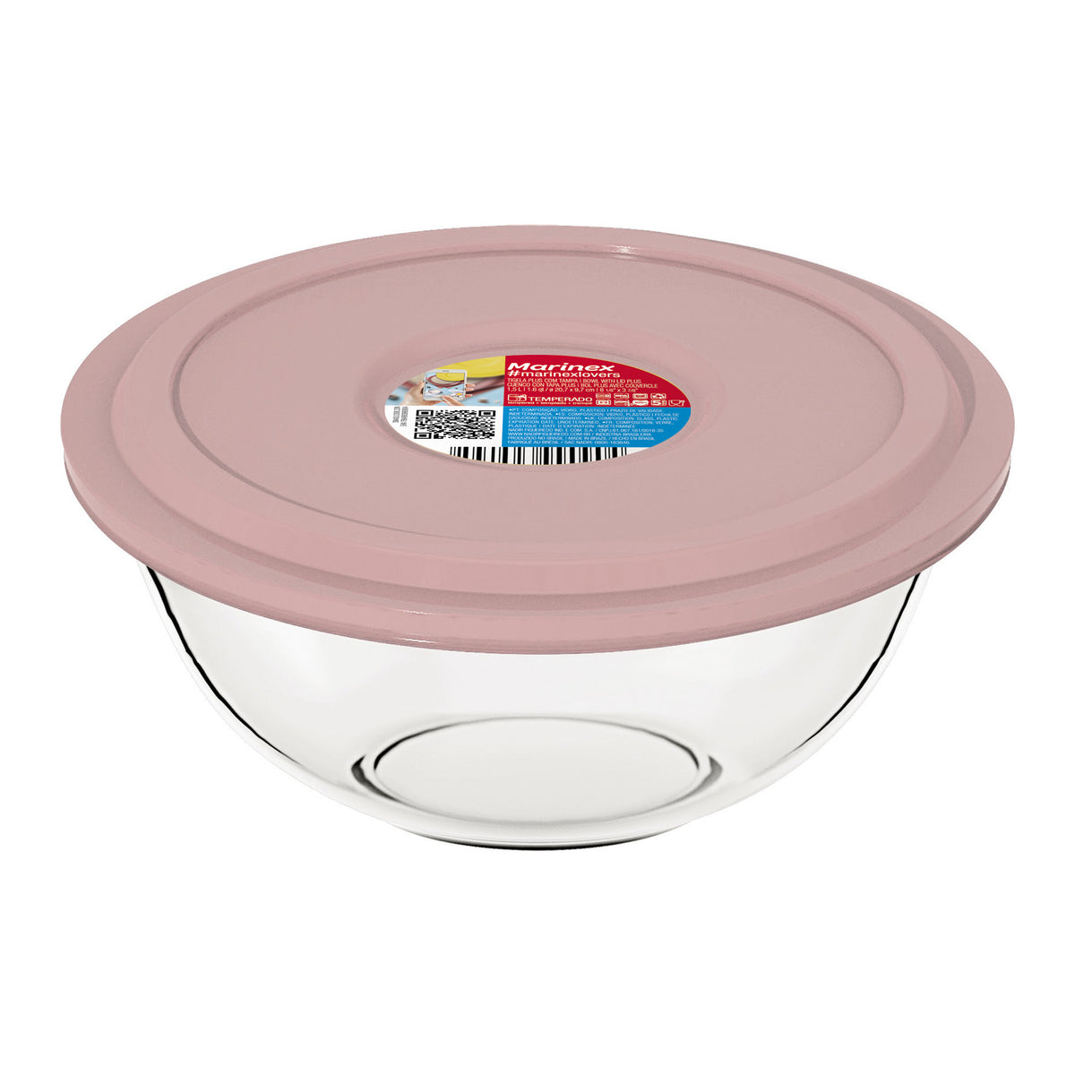 MARINEX GLASS MIXING BOWLS WITH COLOURED PLASTIC LIDS, 1.5L