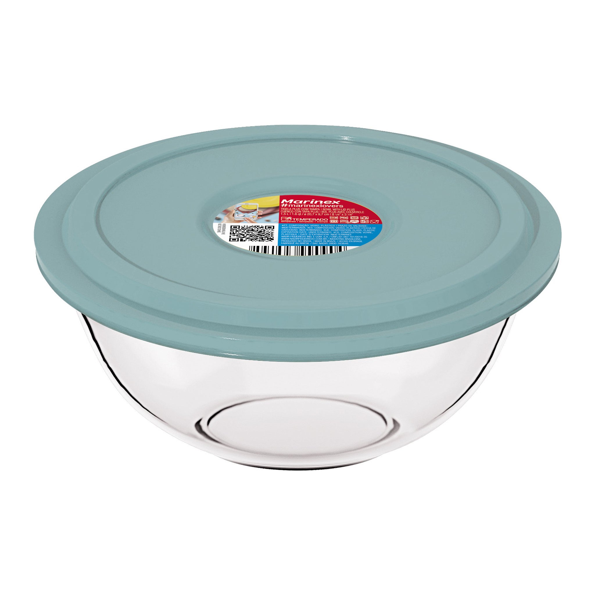 MARINEX GLASS MIXING BOWLS WITH COLOURED PLASTIC LIDS, 1.5L