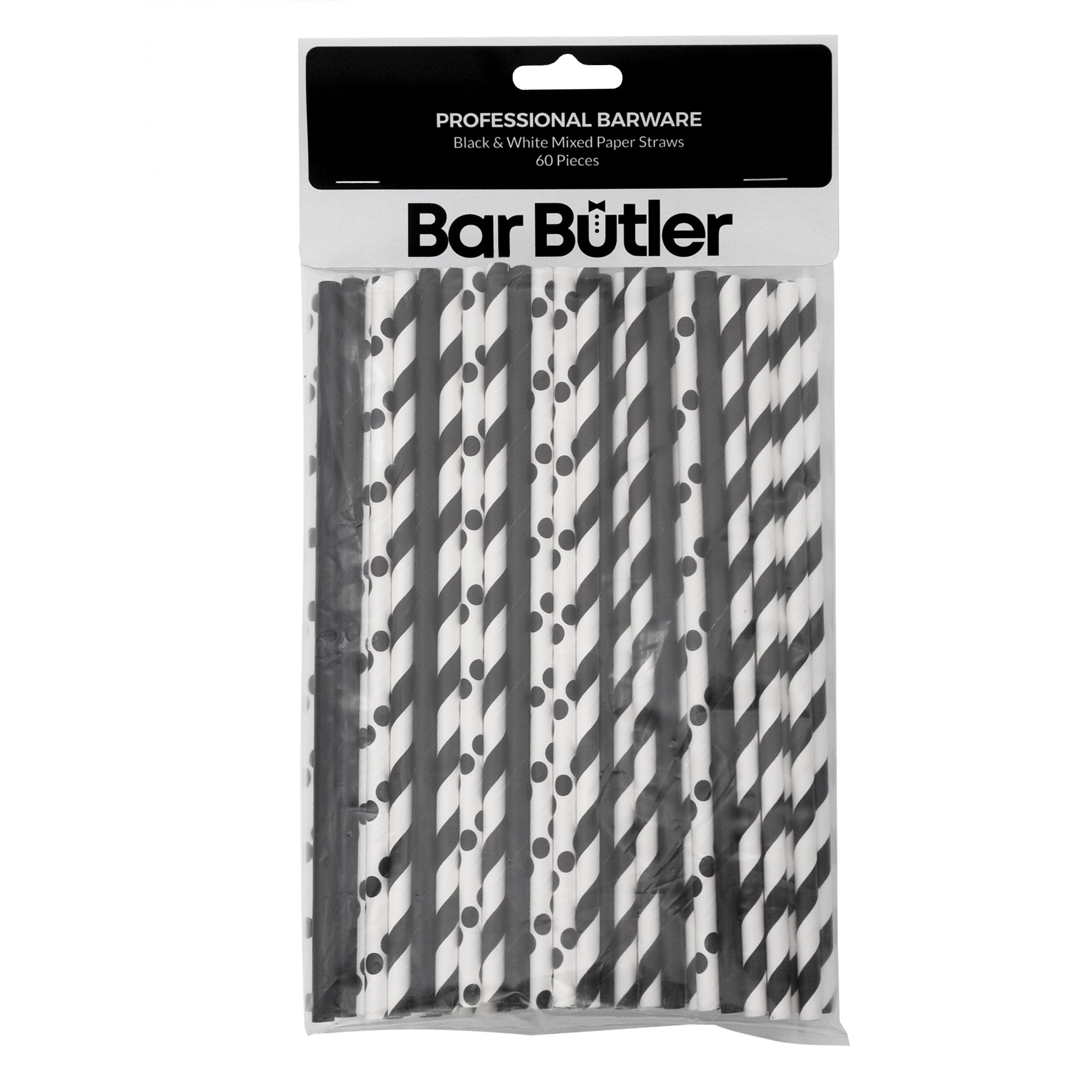 BAR BUTLER PAPER STRAWS BLACK & WHITE MIXED PACK 3 PLY 6MM, 60PK