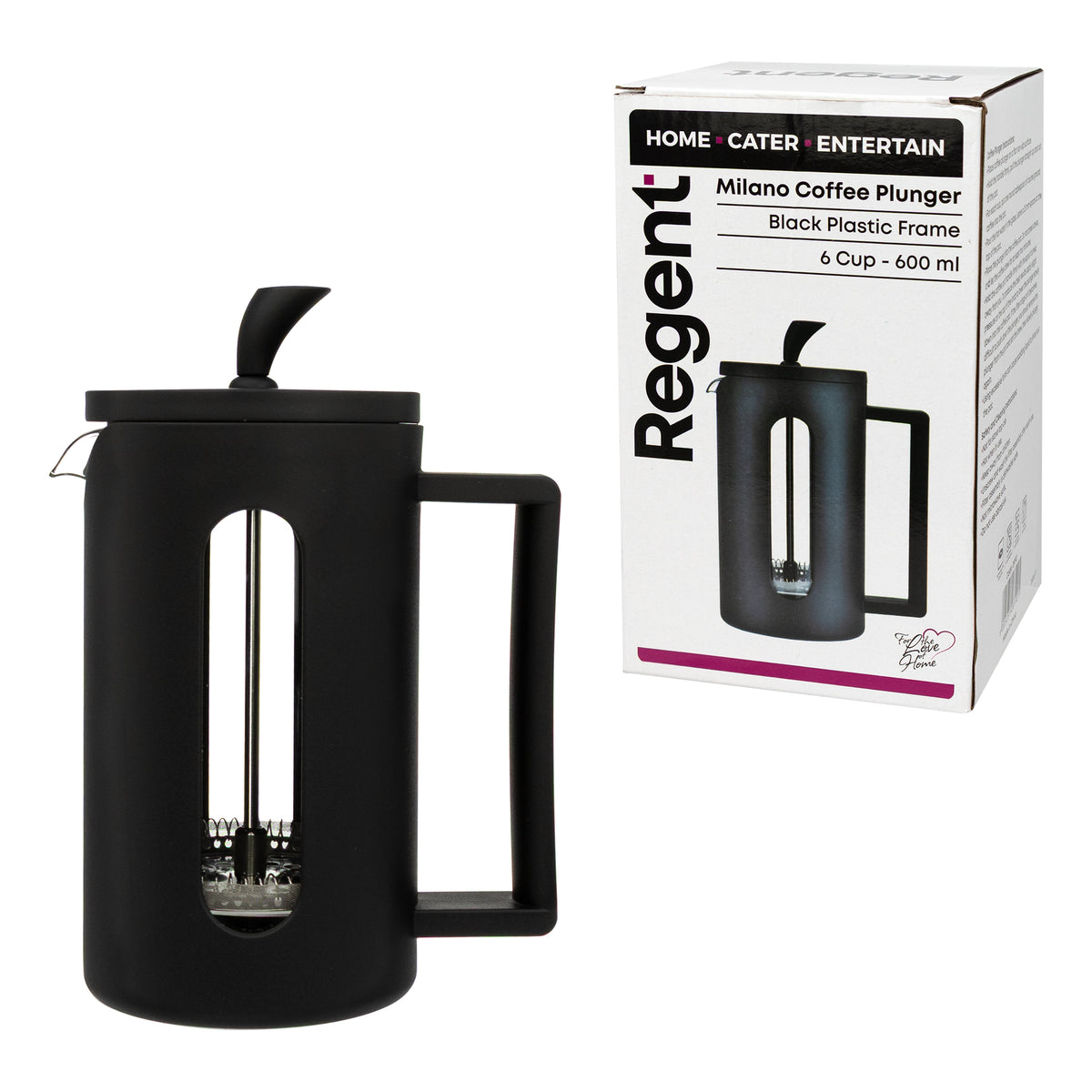 REGENT MILANO COFFEE PLUNGER WITH BLACK PLASTIC FRAME 6 CUP, 600ML