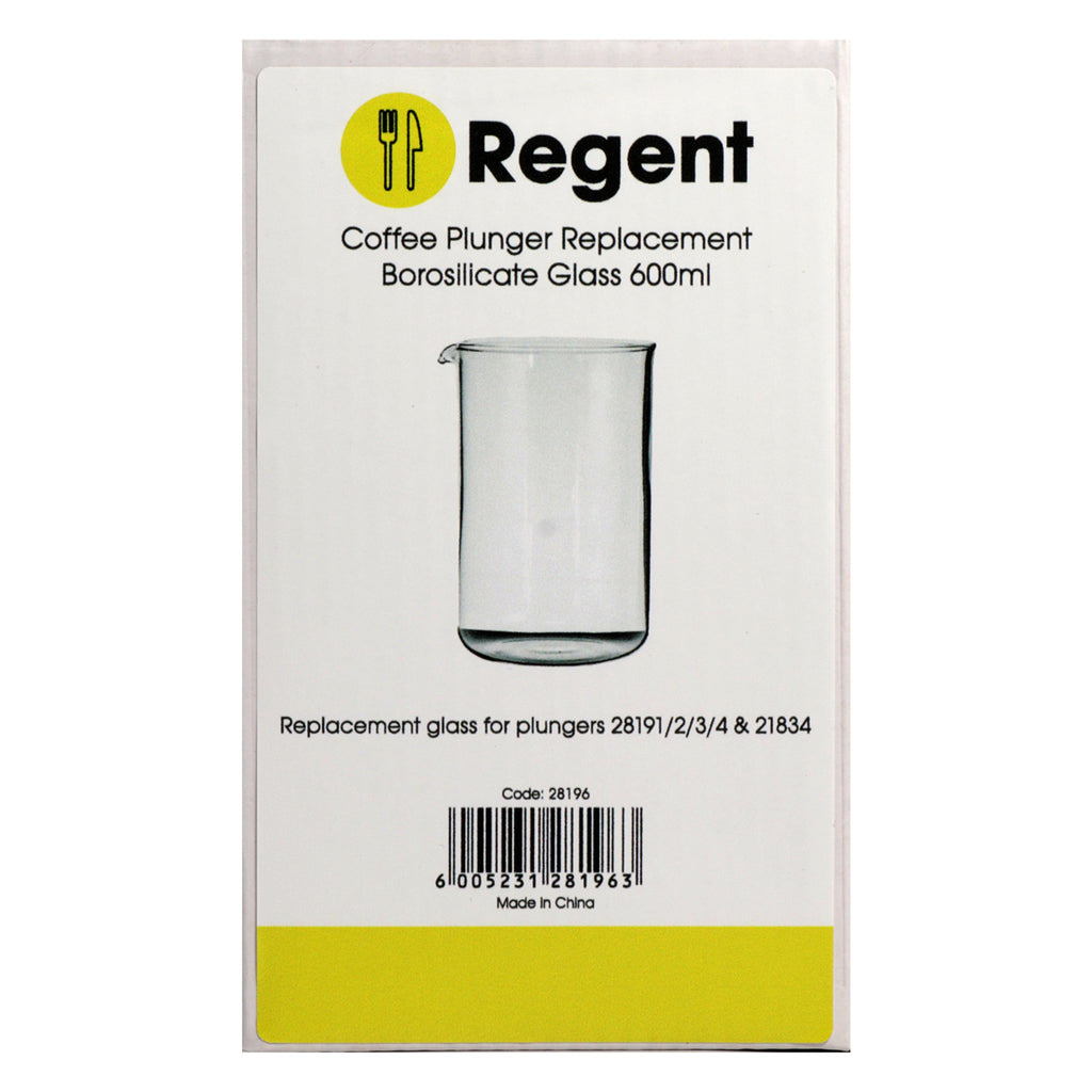 REGENT COFFEE PLUNGER REPLACEMENT GLASS BOROSILICATE, 600ML FOR 21834, 28191, 28192, 28193, 28194