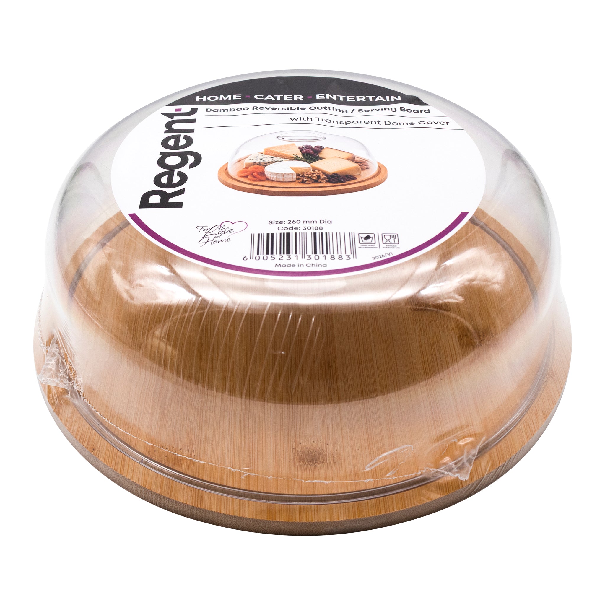 REGENT BAMBOO REVERSABLE CUTTING/SERVING BOARD WITH DOME COVER, 260MM DIA